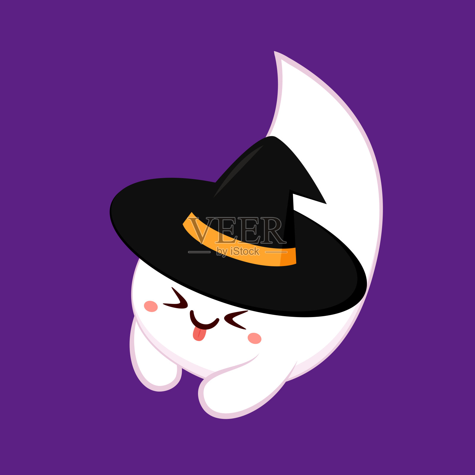 可爱的幽灵漂浮在万圣节南瓜篮子里不给糖就捣蛋。有趣的幽灵人物。幽灵带着快乐的笑脸表情。孤立的孩子平面矢量插图。插画图片素材