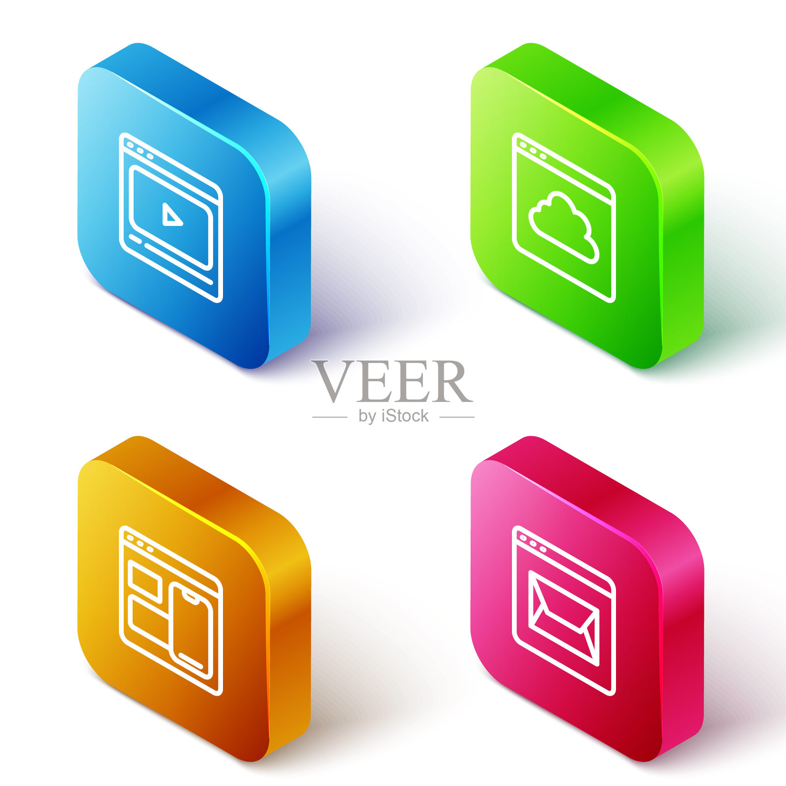 集等距线在线播放视频、云技术数据传输、Web开发人员编程代码和网站及邮件图标。向量图标素材