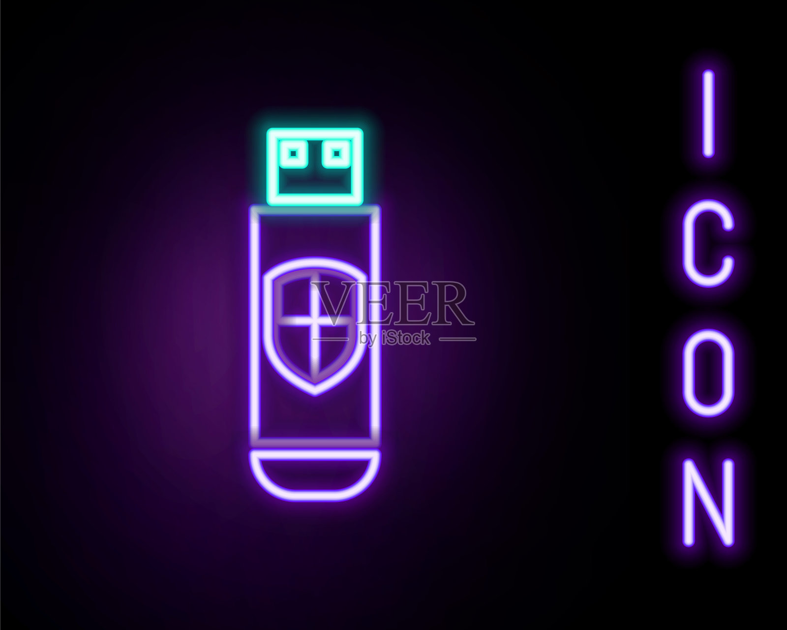 发光的霓虹线USB闪存驱动器和保护盾图标隔离在黑色背景上。色彩缤纷的轮廓概念。向量插画图片素材