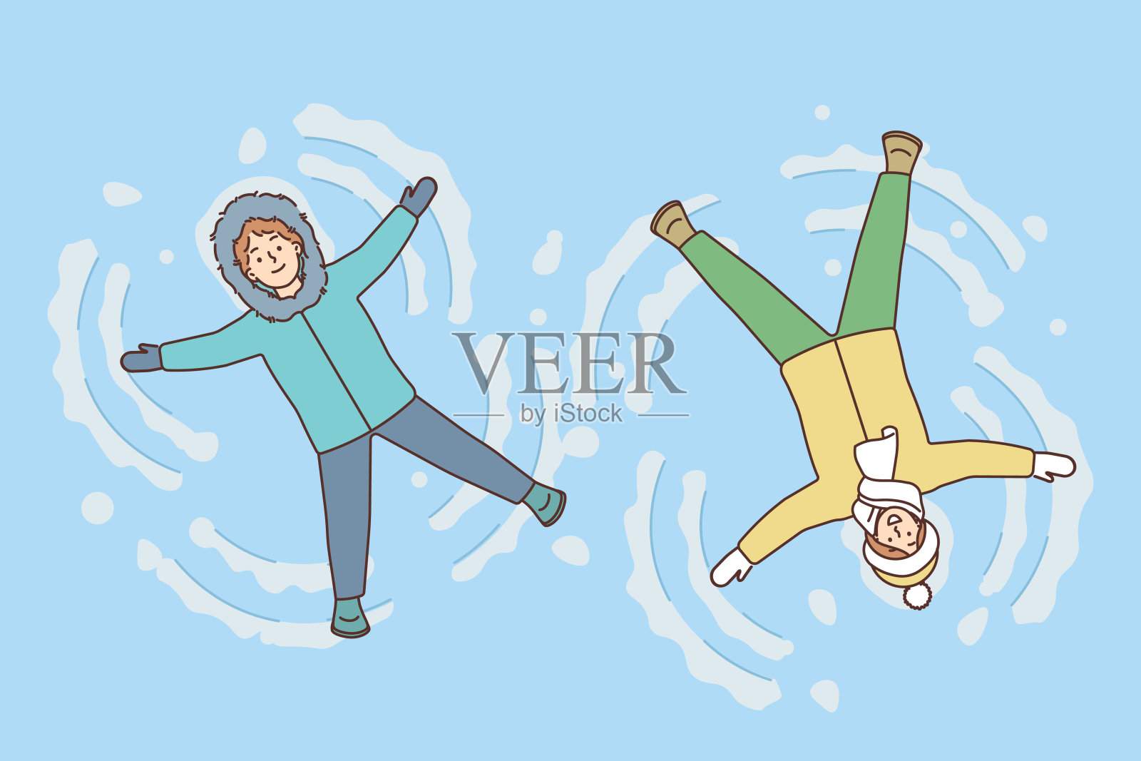 快乐的孩子做雪天使插画图片素材