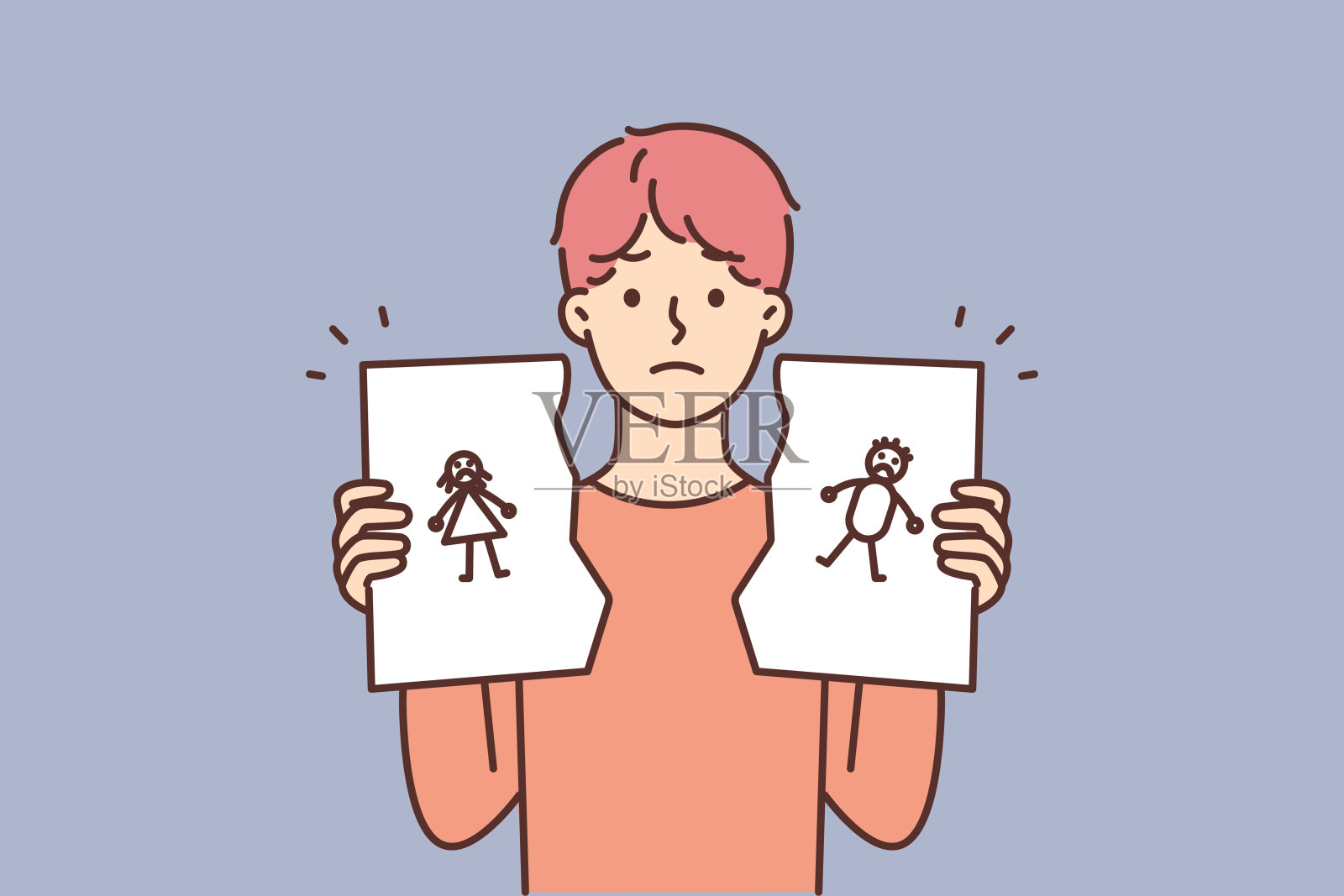 不开心的孩子拿着撕破的全家福插画图片素材