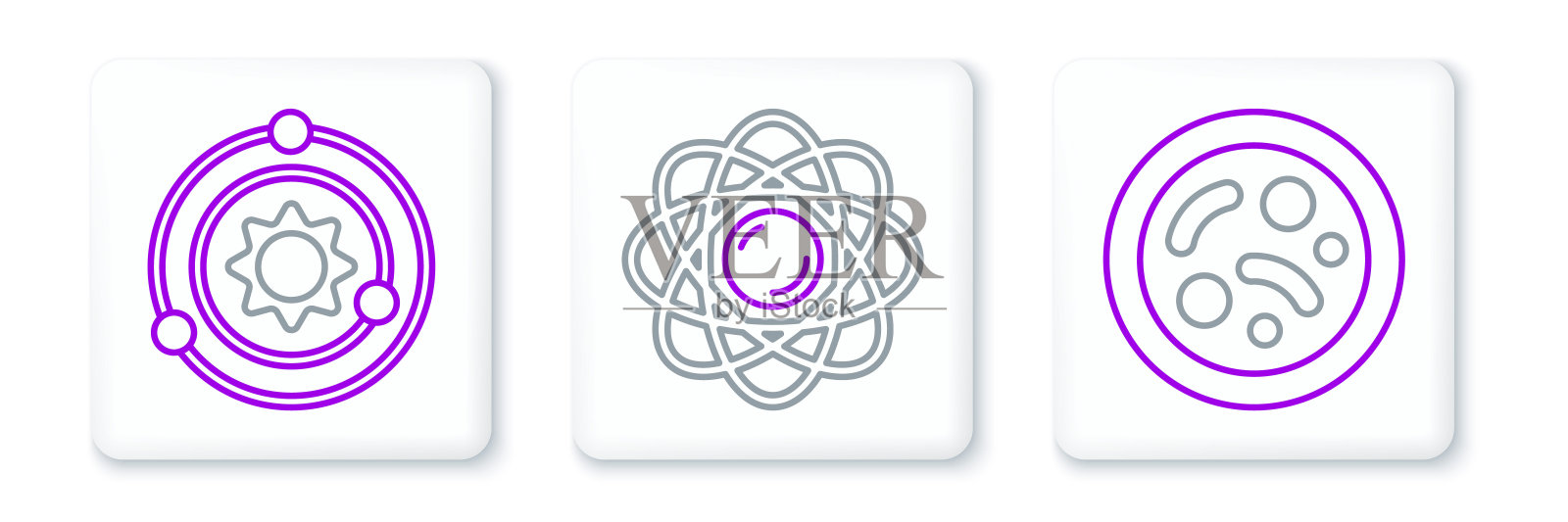 设置细菌，太阳系和原子图标。向量图标素材