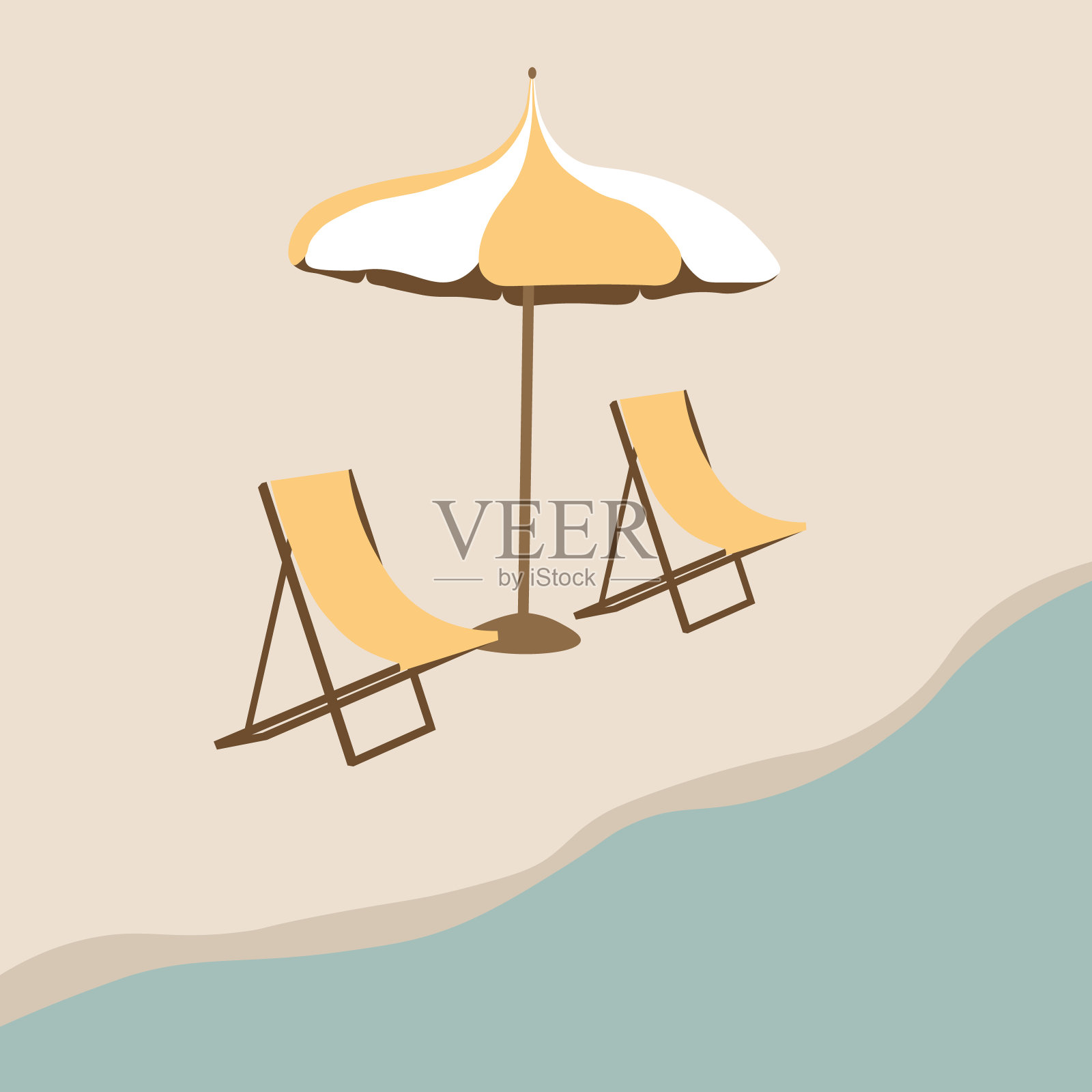 海滩。度假胜地的日光躺椅，雨伞和海岸线与水的插图。背景模板没有人与海，海洋，湖泊。晴朗的天气和平静的海水。卡通矢量插图插画图片素材