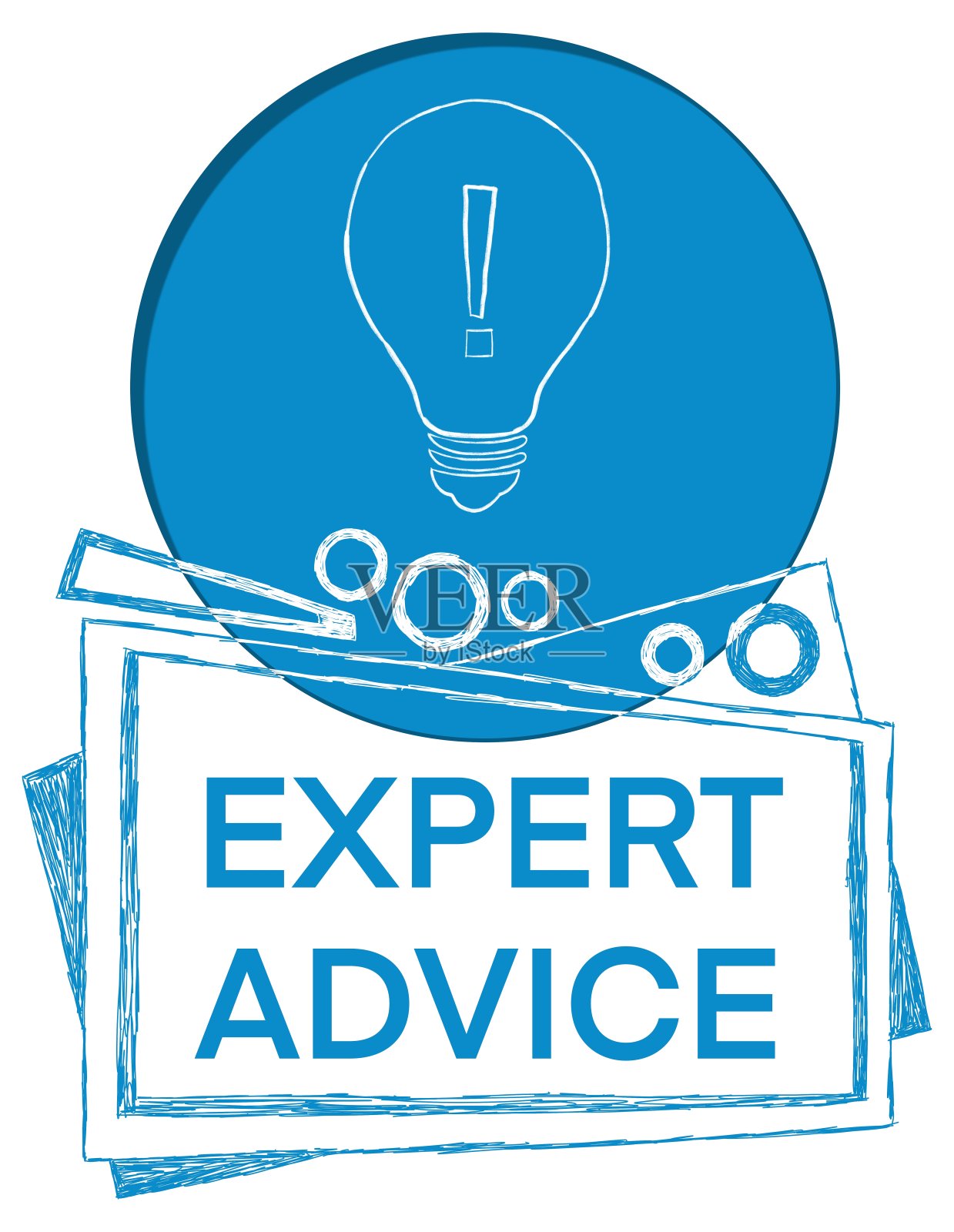 专家建议灯泡符号圆形三角形蓝色顶部文本插画图片素材
