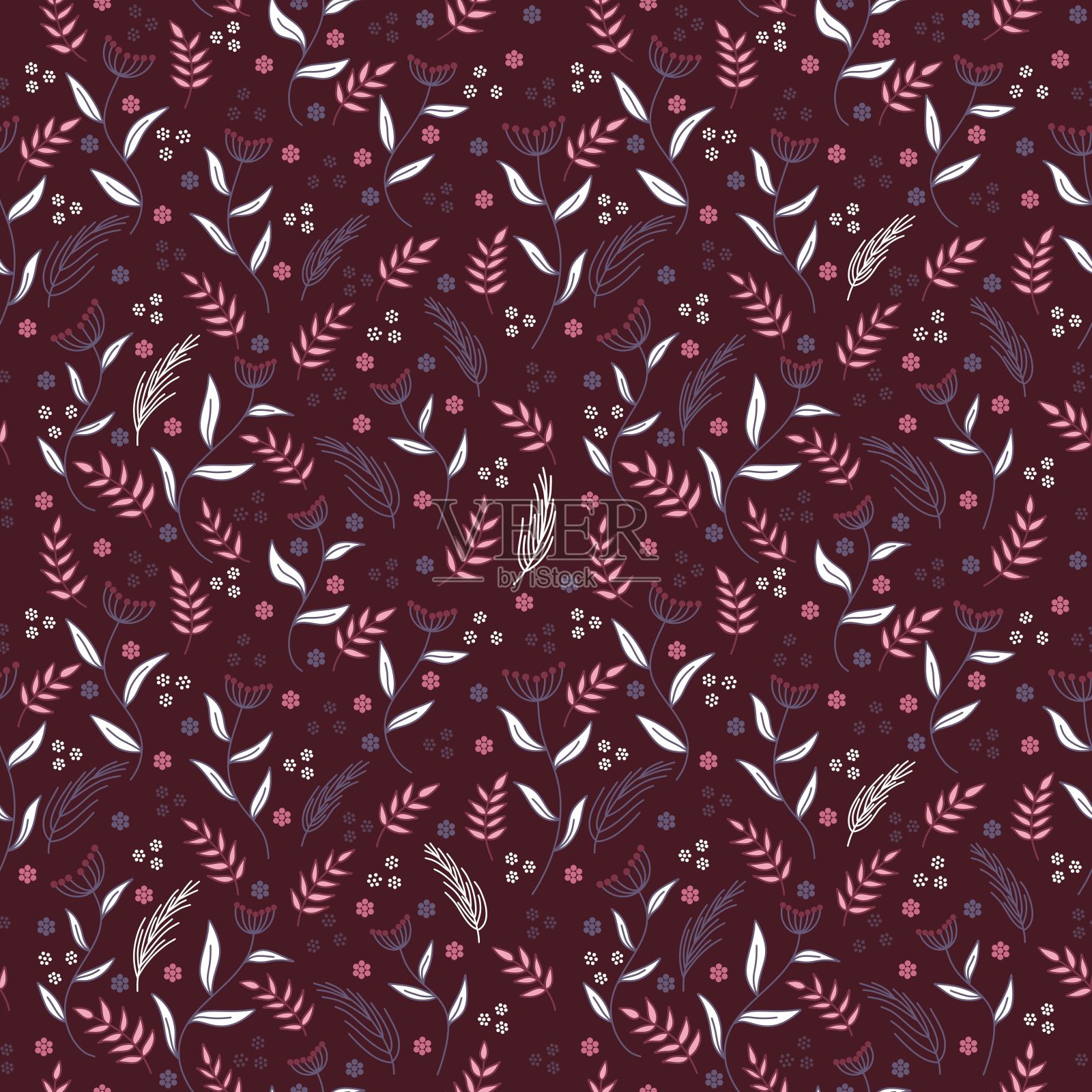 无缝图案的叶子，树枝和花朵在酒红色的背景插画图片素材