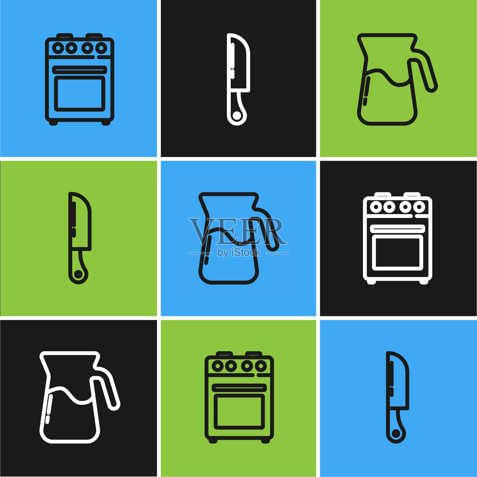 设置线烤箱，水壶玻璃与水和刀的图标。向量图标素材