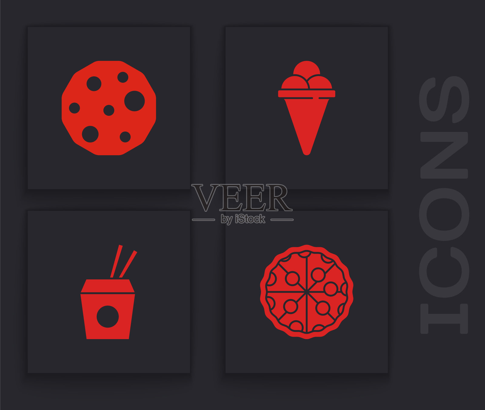 集披萨，饼干或饼干，冰淇淋在华夫蛋筒和亚洲面条和筷子图标。向量图标素材