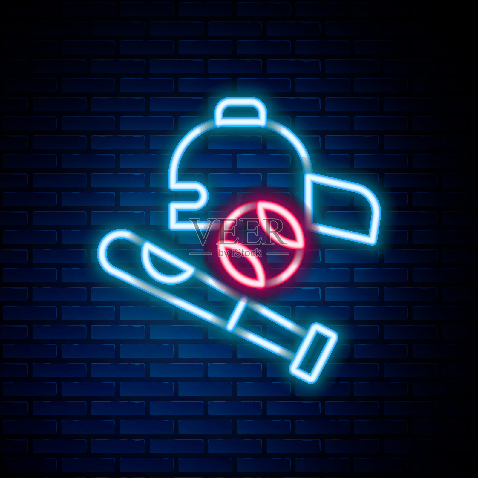 发光的霓虹灯线棒球棒与球，帽子图标隔离在砖墙背景。色彩缤纷的轮廓概念。向量插画图片素材