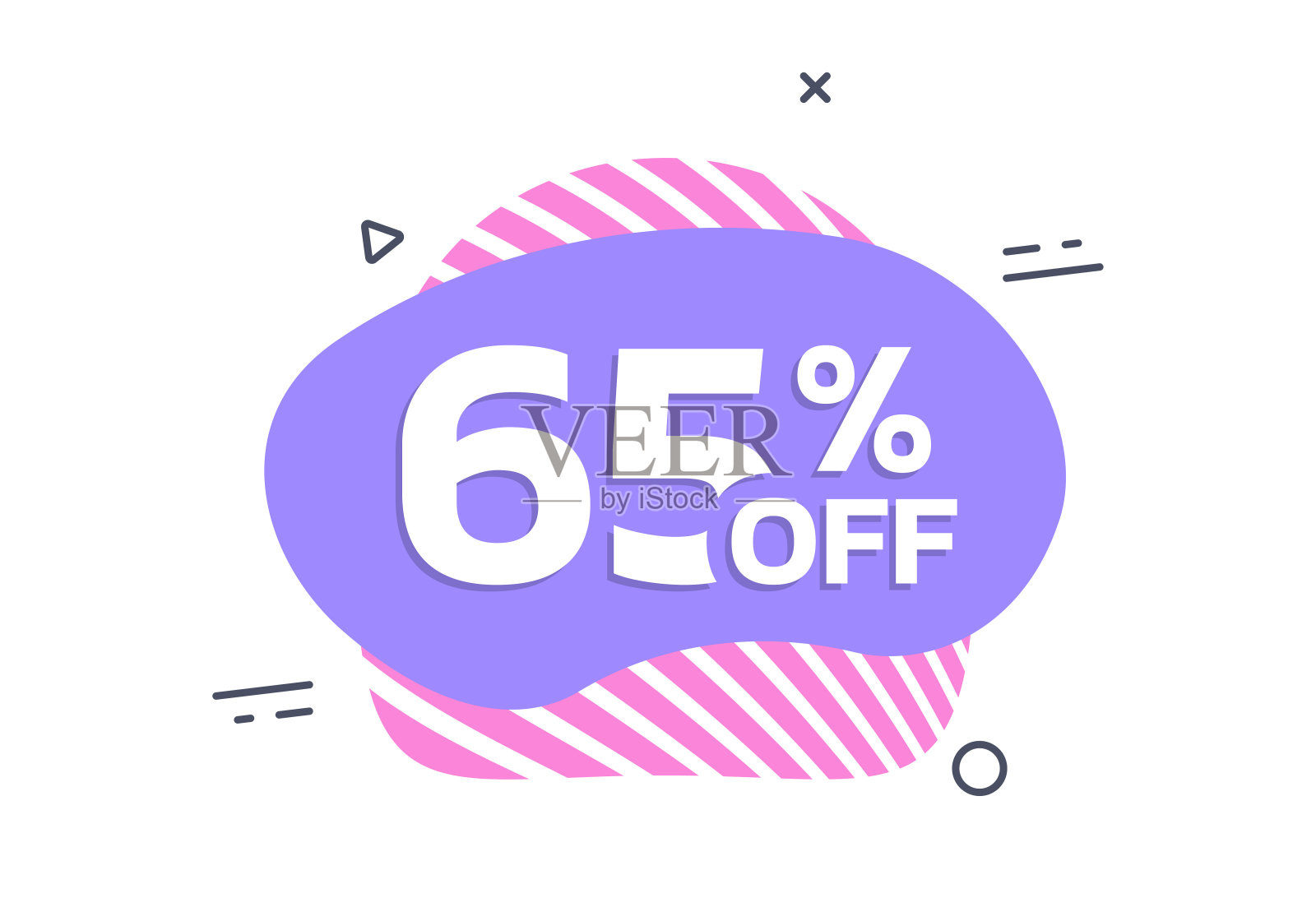 销售徽章、贴纸或标签。液体形状设计折扣价65%。折扣，促销抽象横幅模板。矢量插图。插画图片素材