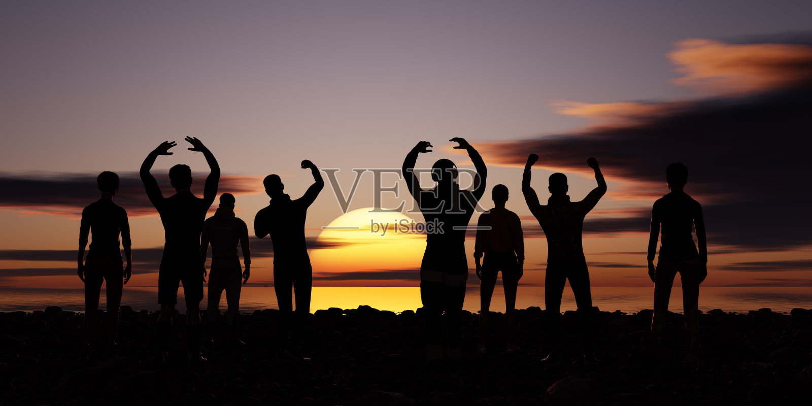 年轻人在日落时在海滩上欢呼的剪影- 3D插图照片摄影图片