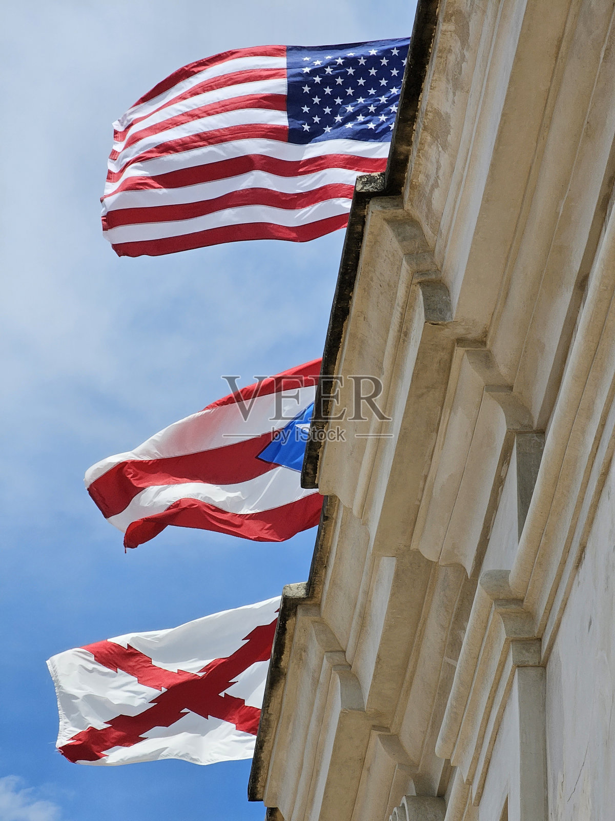 美国、波多黎各和圣胡安的国旗照片摄影图片