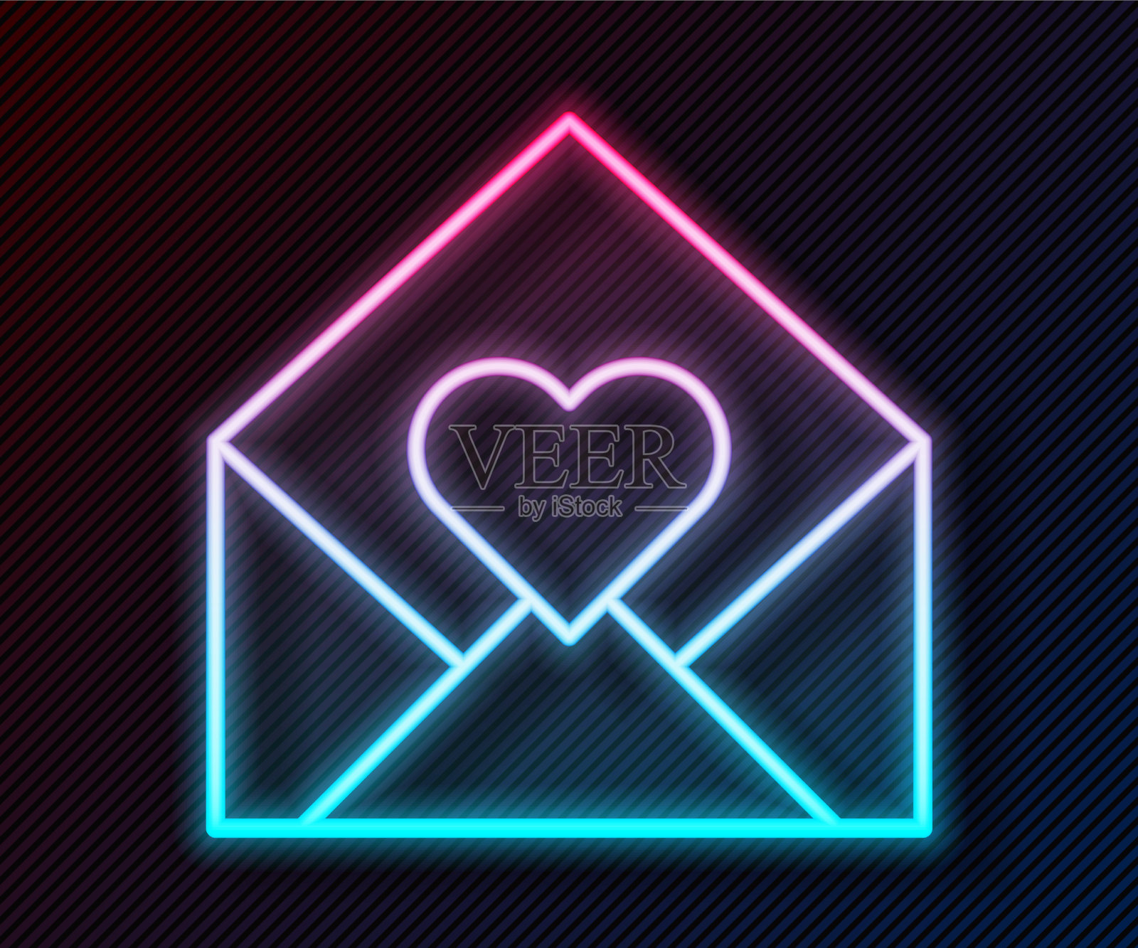 发光的霓虹线信封与情人节的心插画图片素材