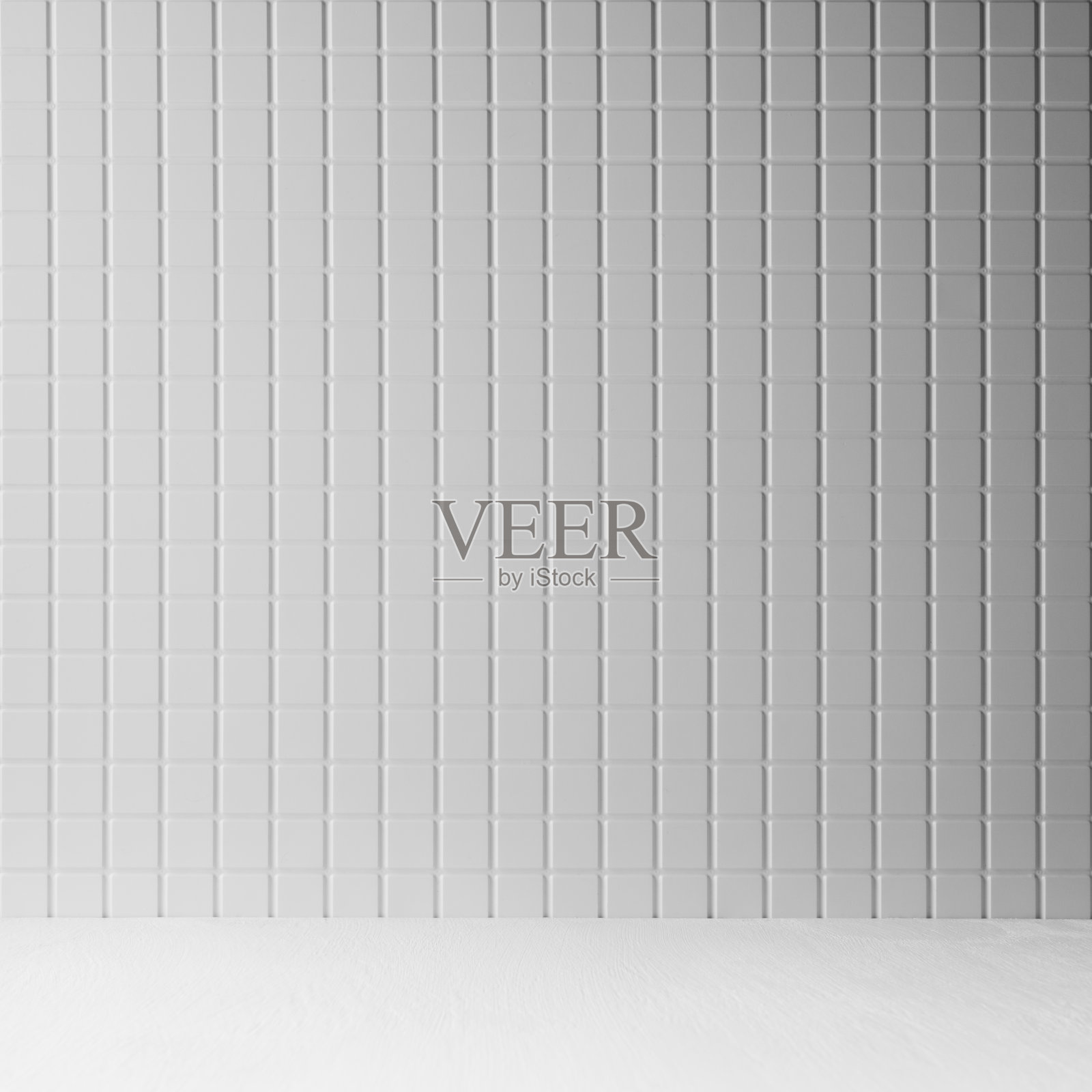 白色抽象的空白舞台，以白色的小方形瓷砖墙，灰色渐变，木地板为原型，展示化妆品产品，商品，设计，广场。现代简约风格的抽象内饰。照片摄影图片