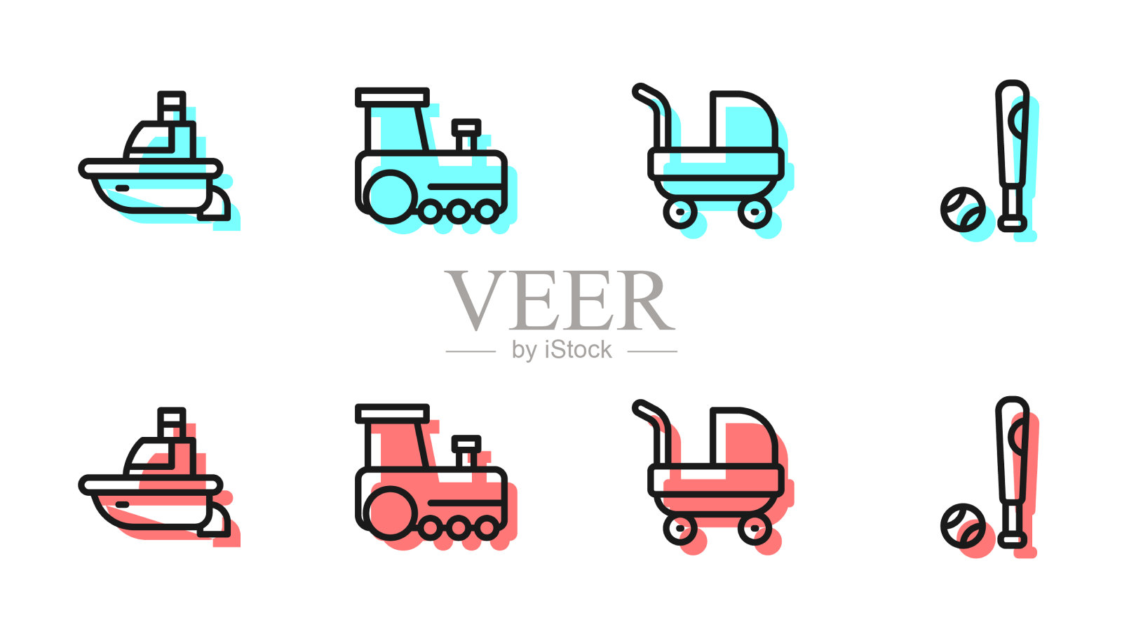 设置线婴儿推车玩具船火车和插画图片素材