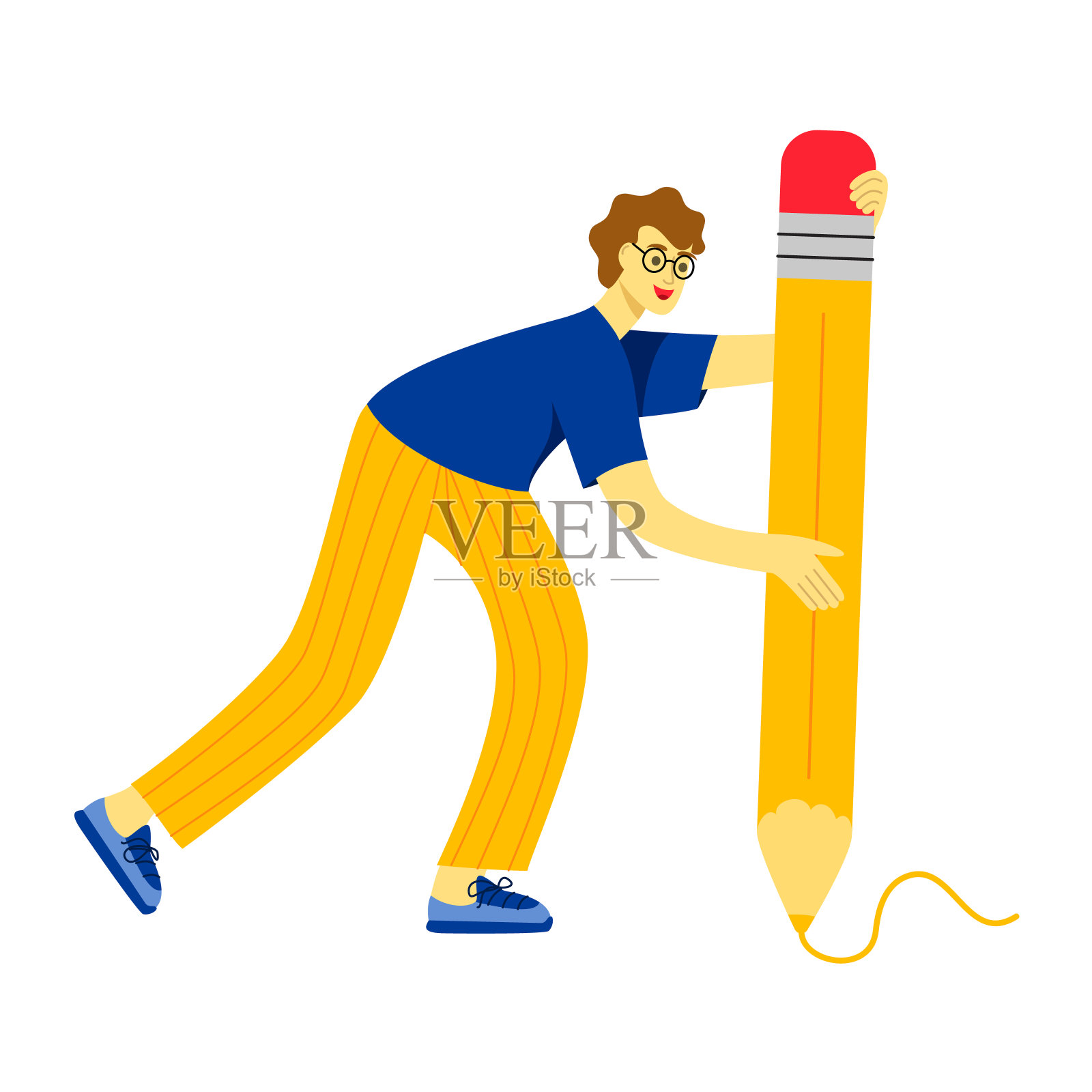 学生用大铅笔画画。大笔立字插画图片素材