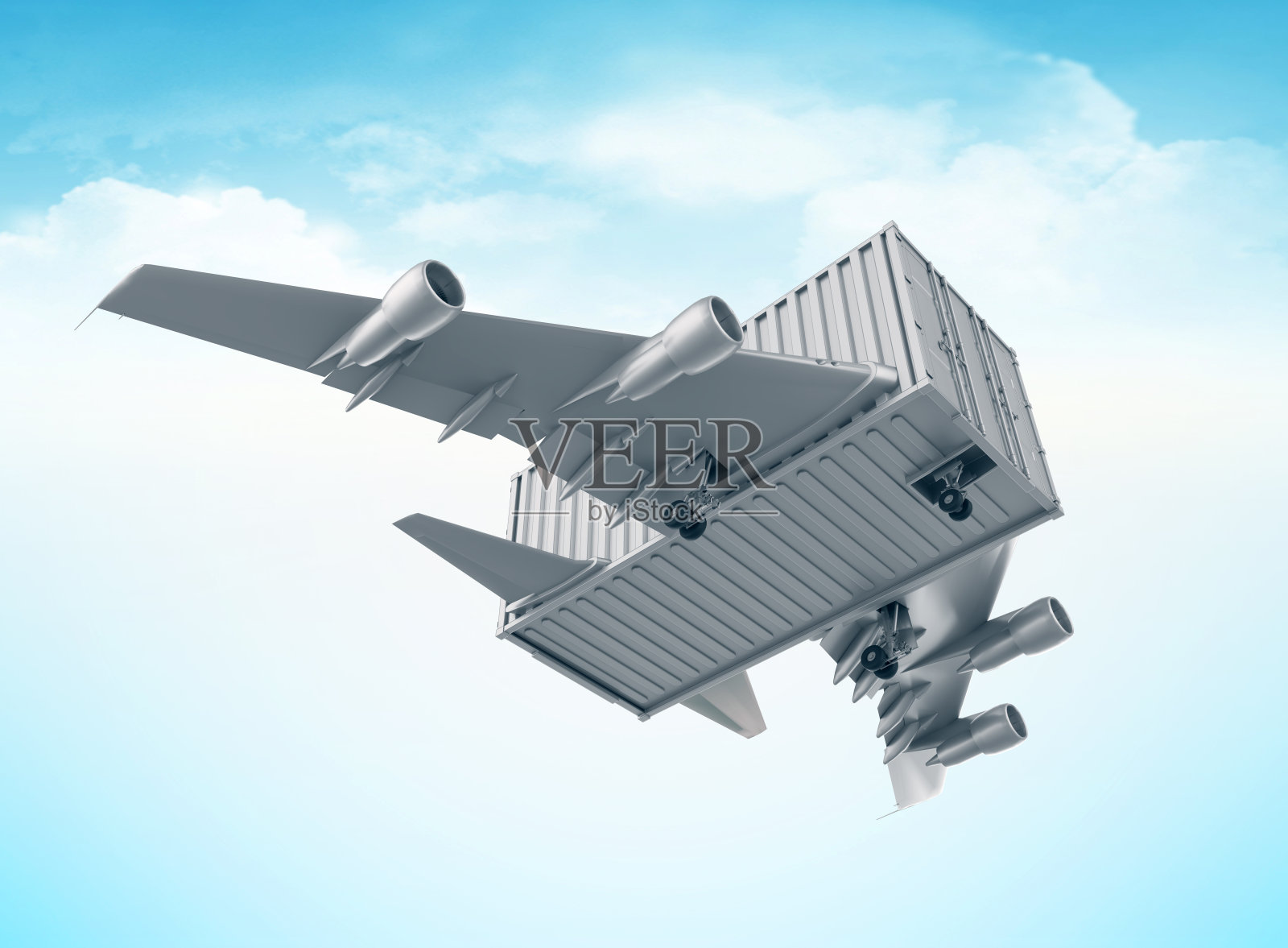 带着翅膀的集装箱在天空飞翔。交付的概念。照片摄影图片