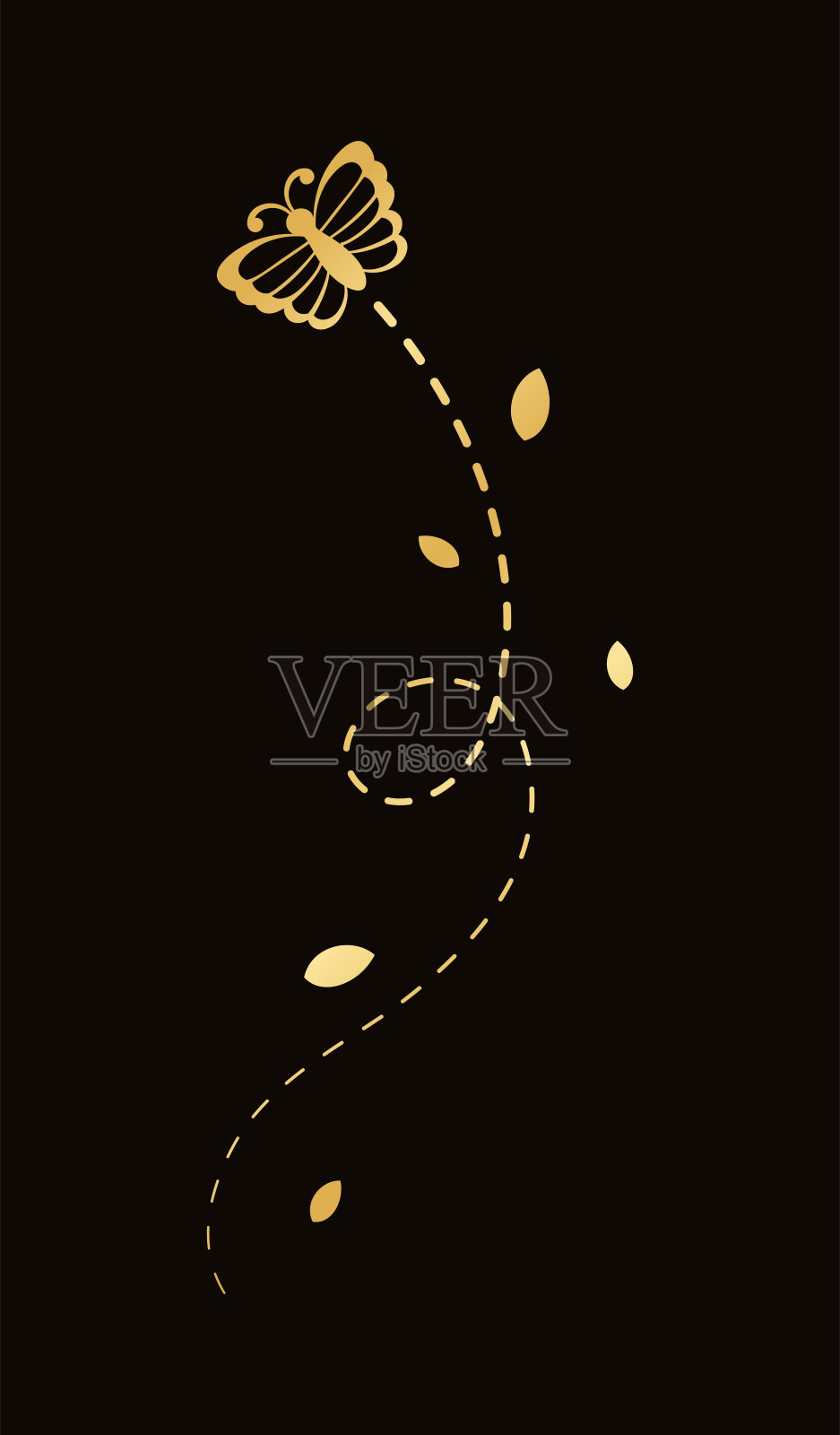 虚线路线金色飞蝶。优雅的金色蝴蝶张开翅膀。矢量设计元素的春季和夏季。插画图片素材