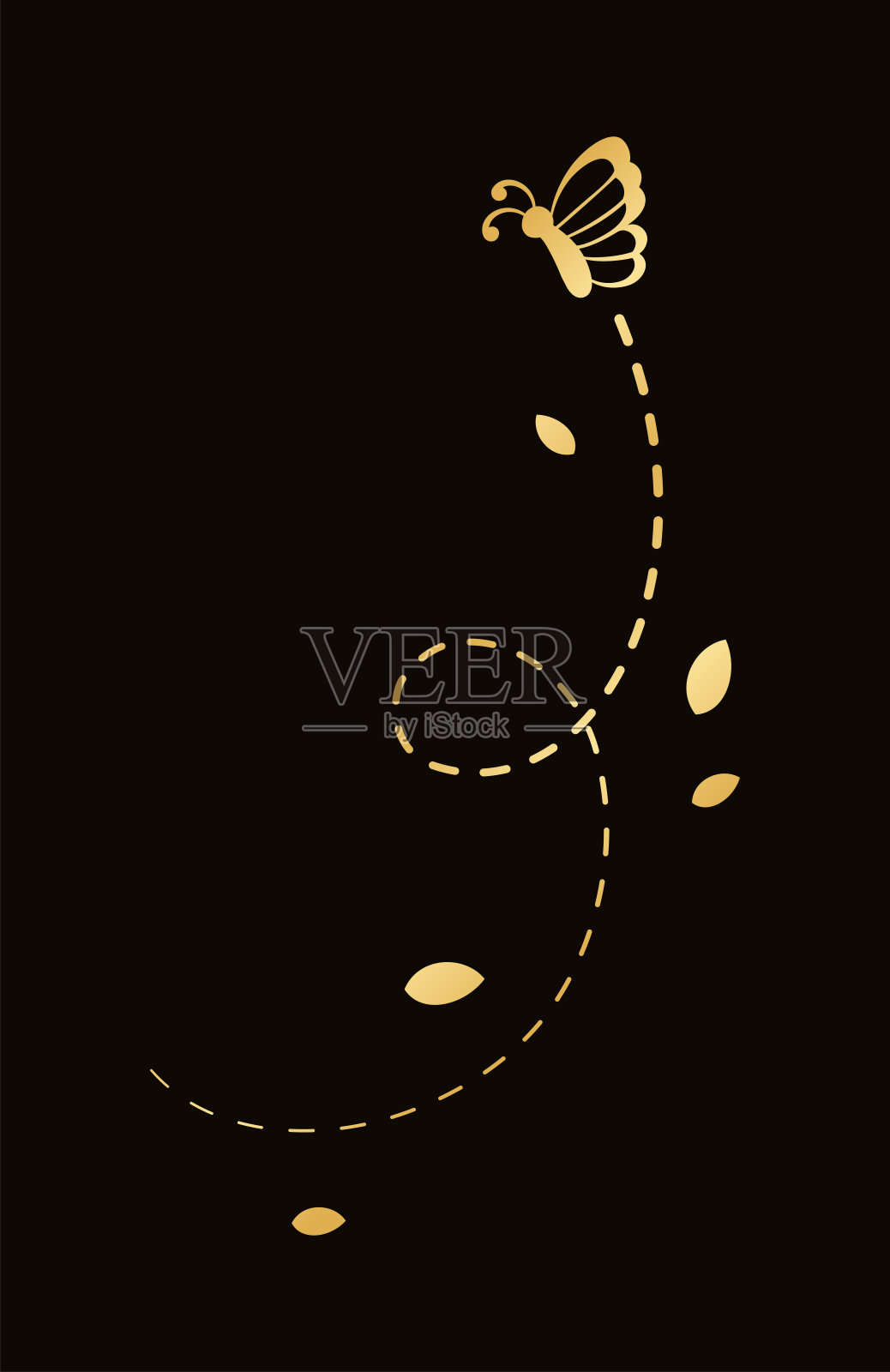 虚线路线金色飞蝶。优雅的金色蝴蝶张开翅膀。矢量设计元素的春季和夏季。插画图片素材