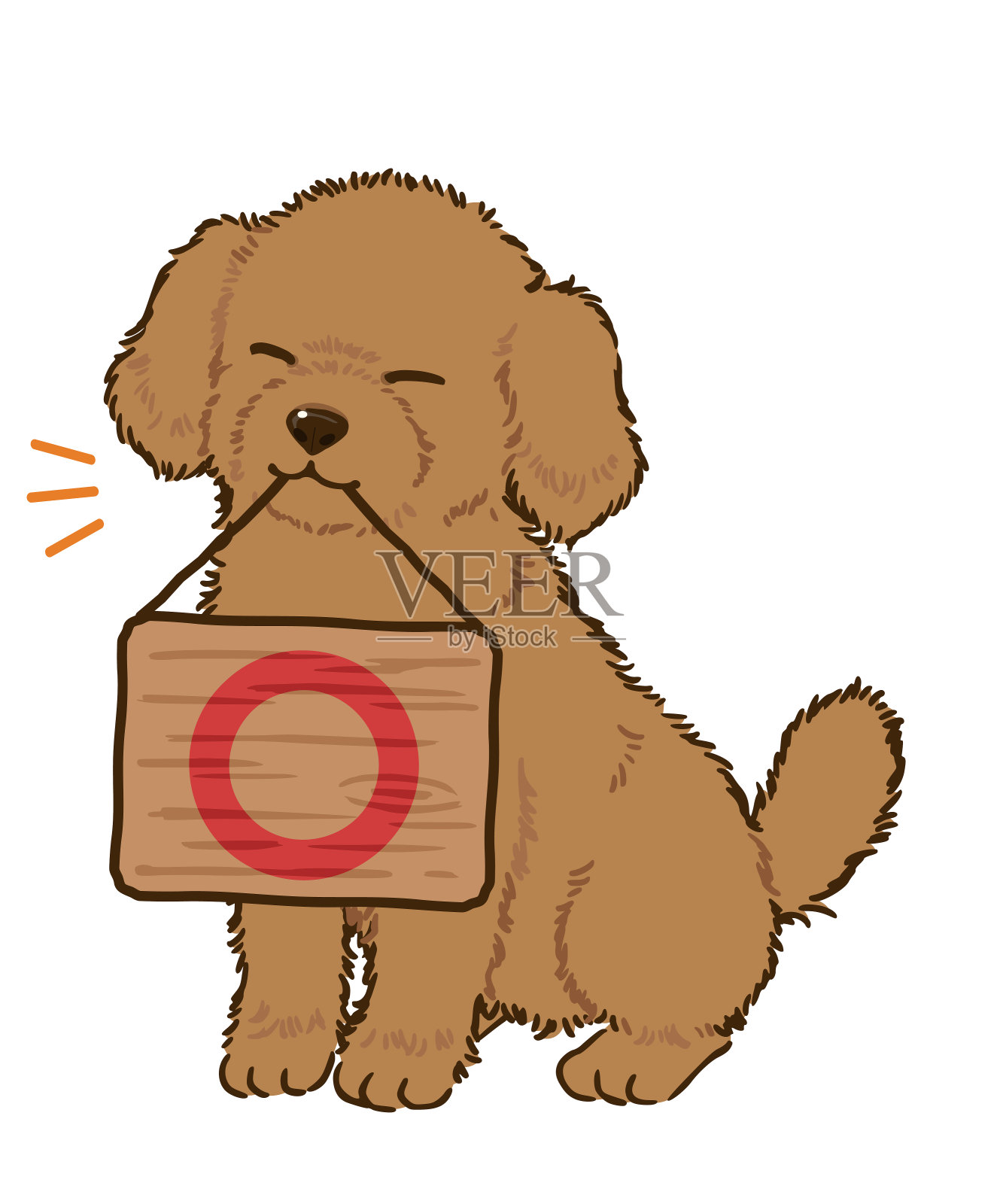 一只卷毛狗叼着一块招牌，嘴里衔着一个圆圈(棕色毛)。插画图片素材