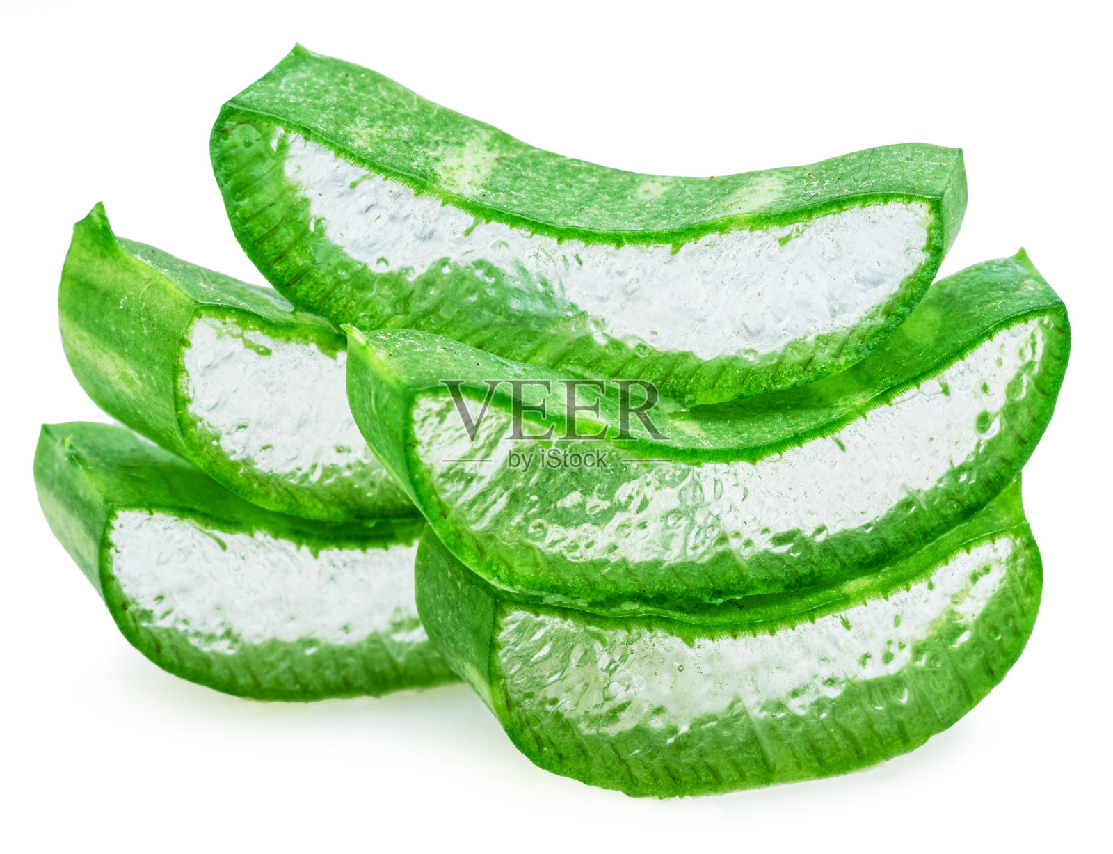 片片芦荟叶，微距拍摄孤立的白色背景。照片摄影图片