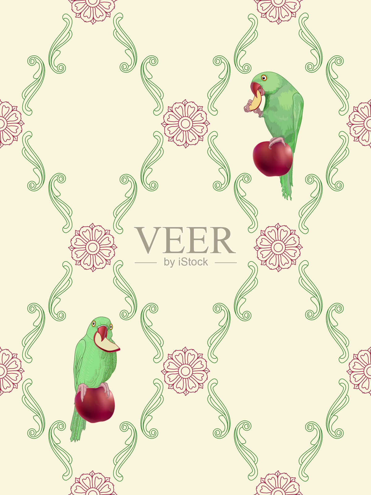 绿颈鹦鹉与热带水果复古壁纸背景无缝图案矢量素材插画图片素材