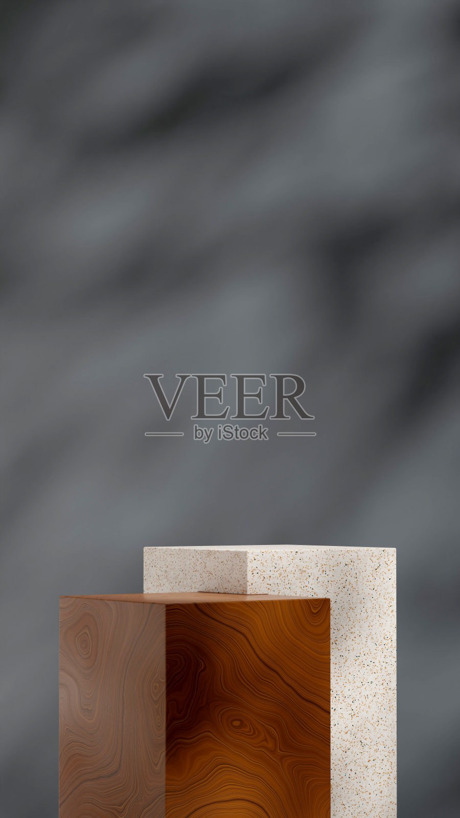 3D渲染场景模型木材和水磨石纹理讲台在肖像灰色墙壁和阴影照片摄影图片