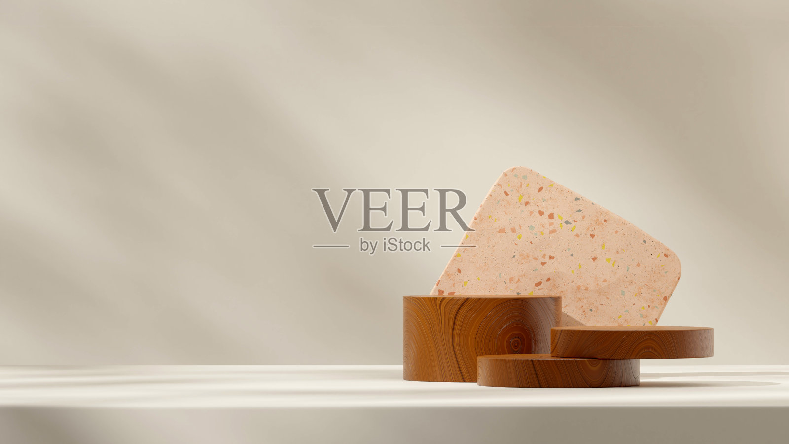 三维渲染空白模型木纹理柱体基座在景观水磨石立方体背景照片摄影图片