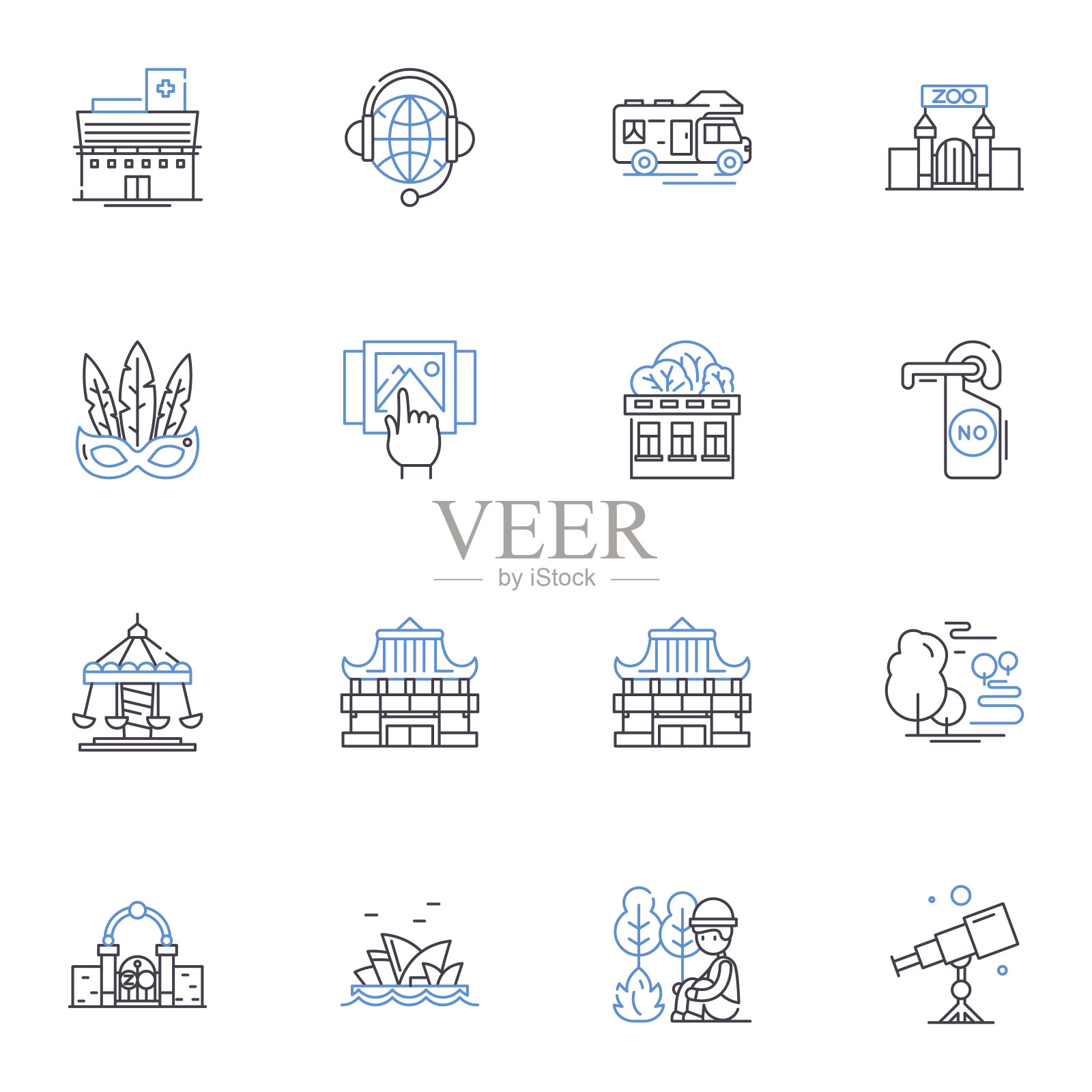 户外专业线条图标集合。露营，远足，钓鱼，生存，登山，皮划艇，背包矢量和线性插图。登山、狩猎、开拓轮廓标志设置图标素材