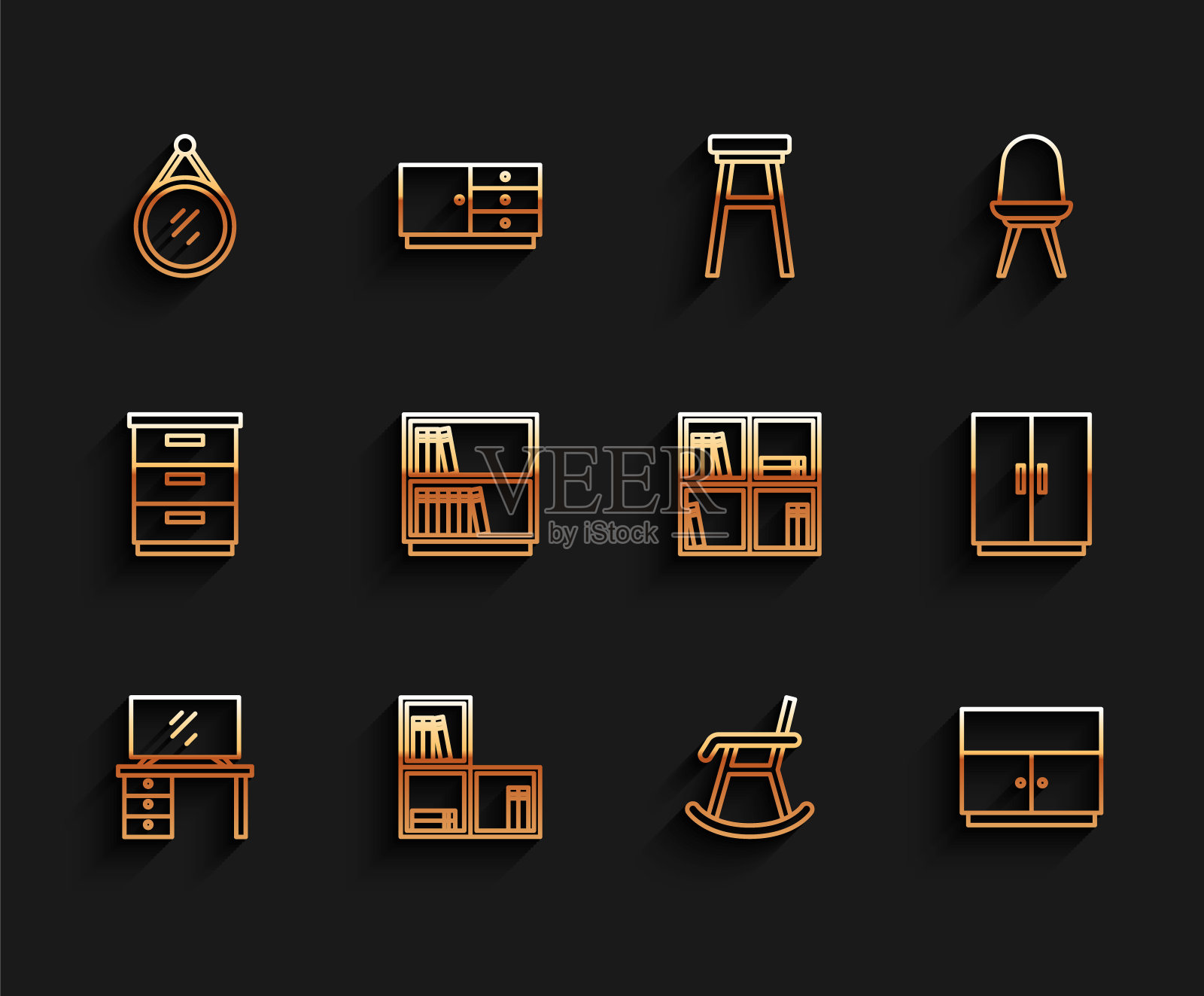 设置线电视桌架，书架与书籍，镜子，扶手椅，衣柜，图书馆书架，和图标。向量图标素材