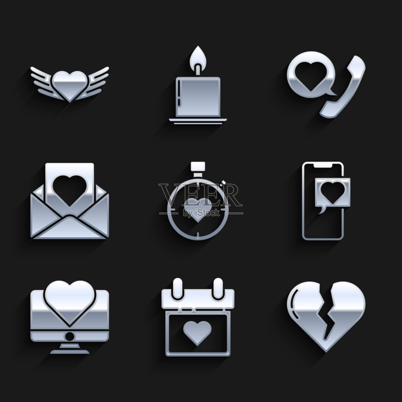 设置心脏在中心秒表，日历与心，破碎或离婚，智能手机语音气泡，电脑显示器，信封，电话和翅膀图标。向量图标素材