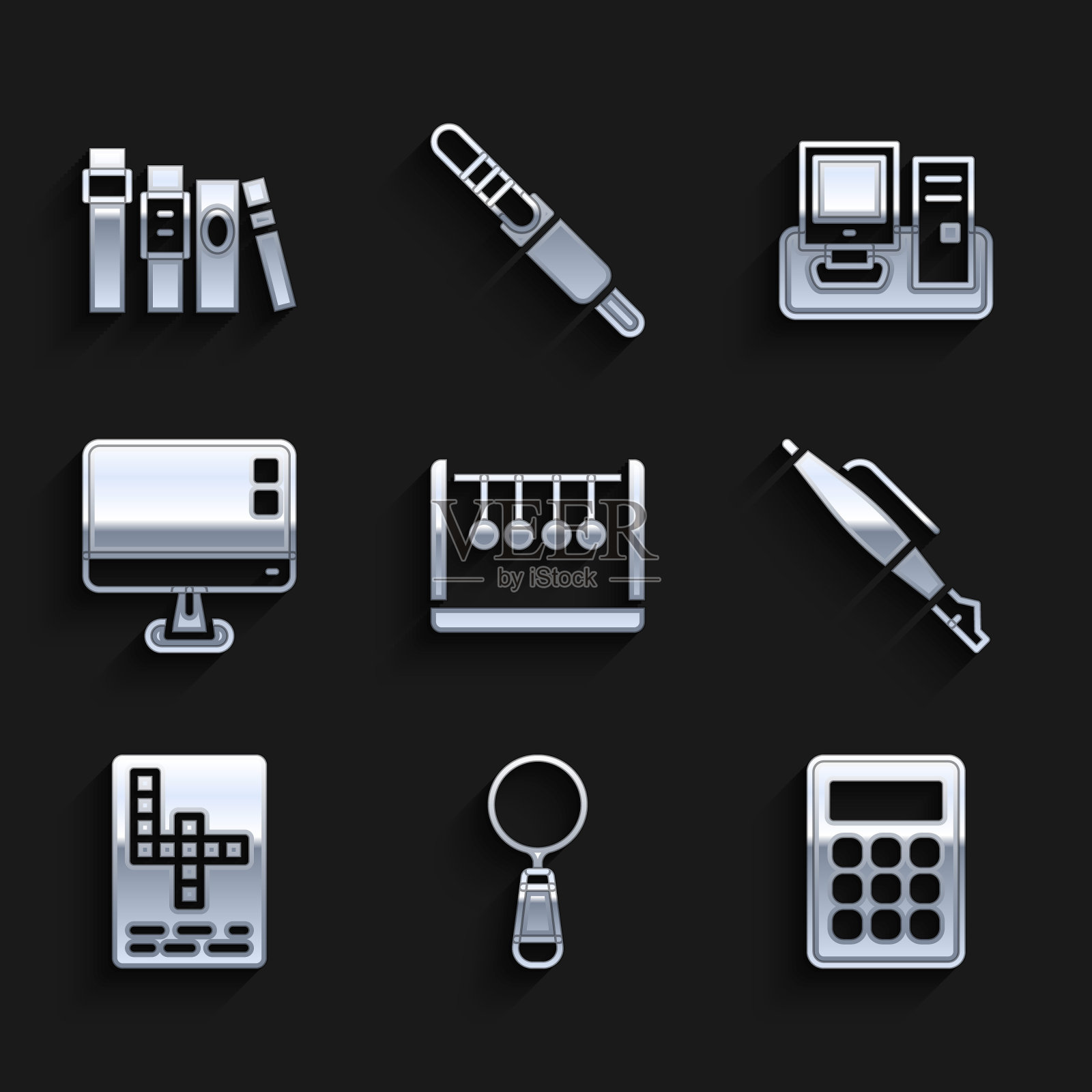 设置钟摆，放大镜，计算器，钢笔笔尖，填字游戏，电脑显示器屏幕，显示器与键盘和书籍图标。向量图标素材