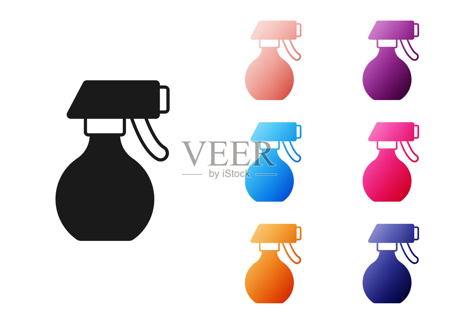 黑色的水喷瓶图标孤立的白色背景。熨烫喷头。设置图标彩色。向量图标素材