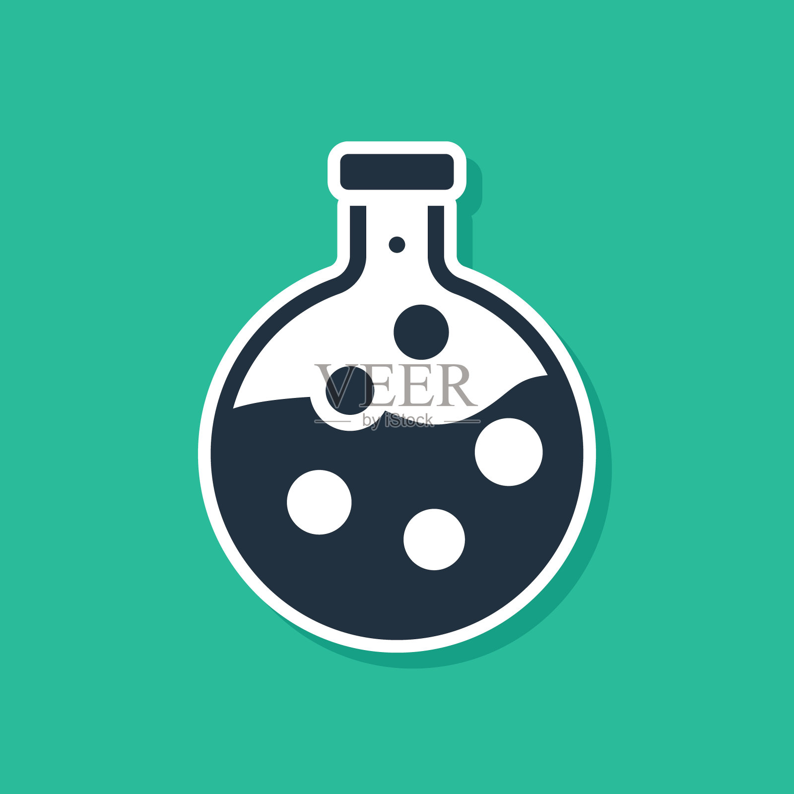 蓝色试管和烧瓶化学实验室测试图标隔离在绿色背景上。实验室玻璃器皿标志。向量插画图片素材