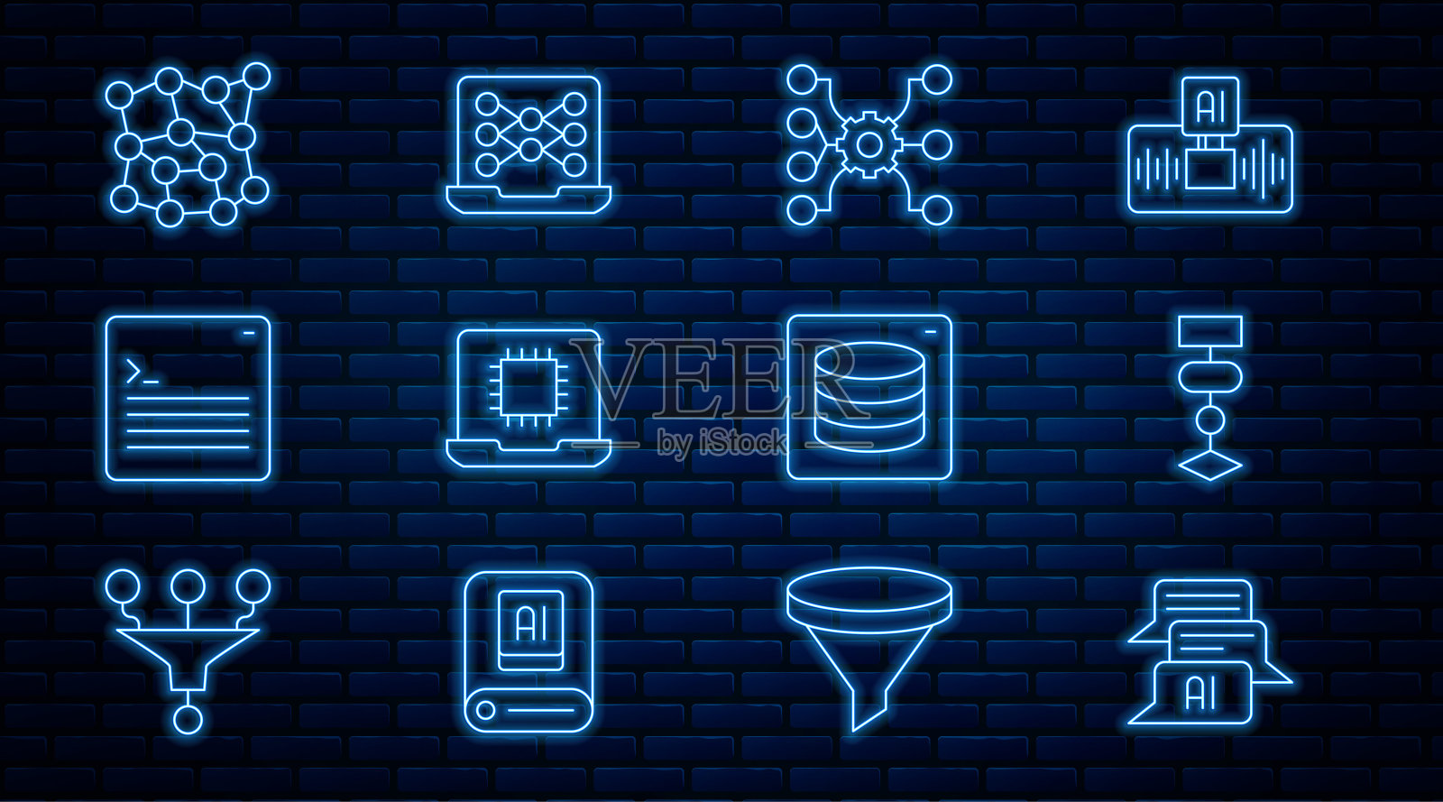 集线聊天机器人，算法，神经网络，处理器CPU, Web开发人员编程代码，服务器，数据和图标。向量插画图片素材