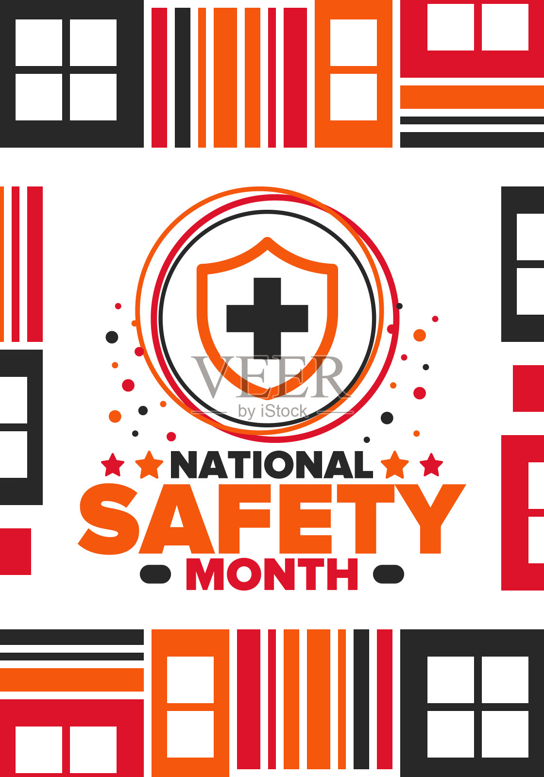 6月是全国安全月。每年在美国庆祝一个月。工作、家庭、道路上的意外伤害警告。安全的概念。海报、卡片、横幅和背景插画图片素材