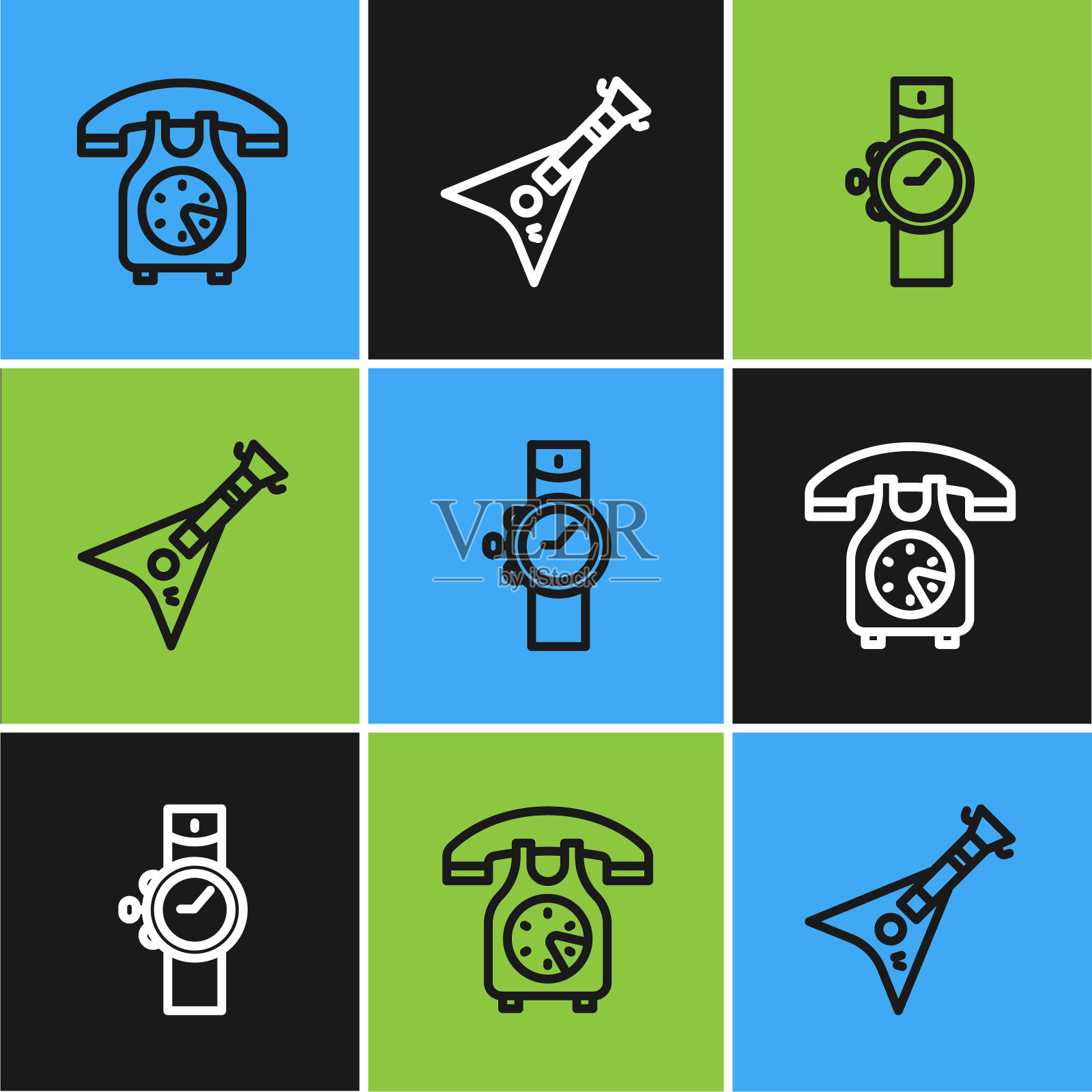 设置线电话听筒，手表和电子低音吉他图标。向量插画图片素材