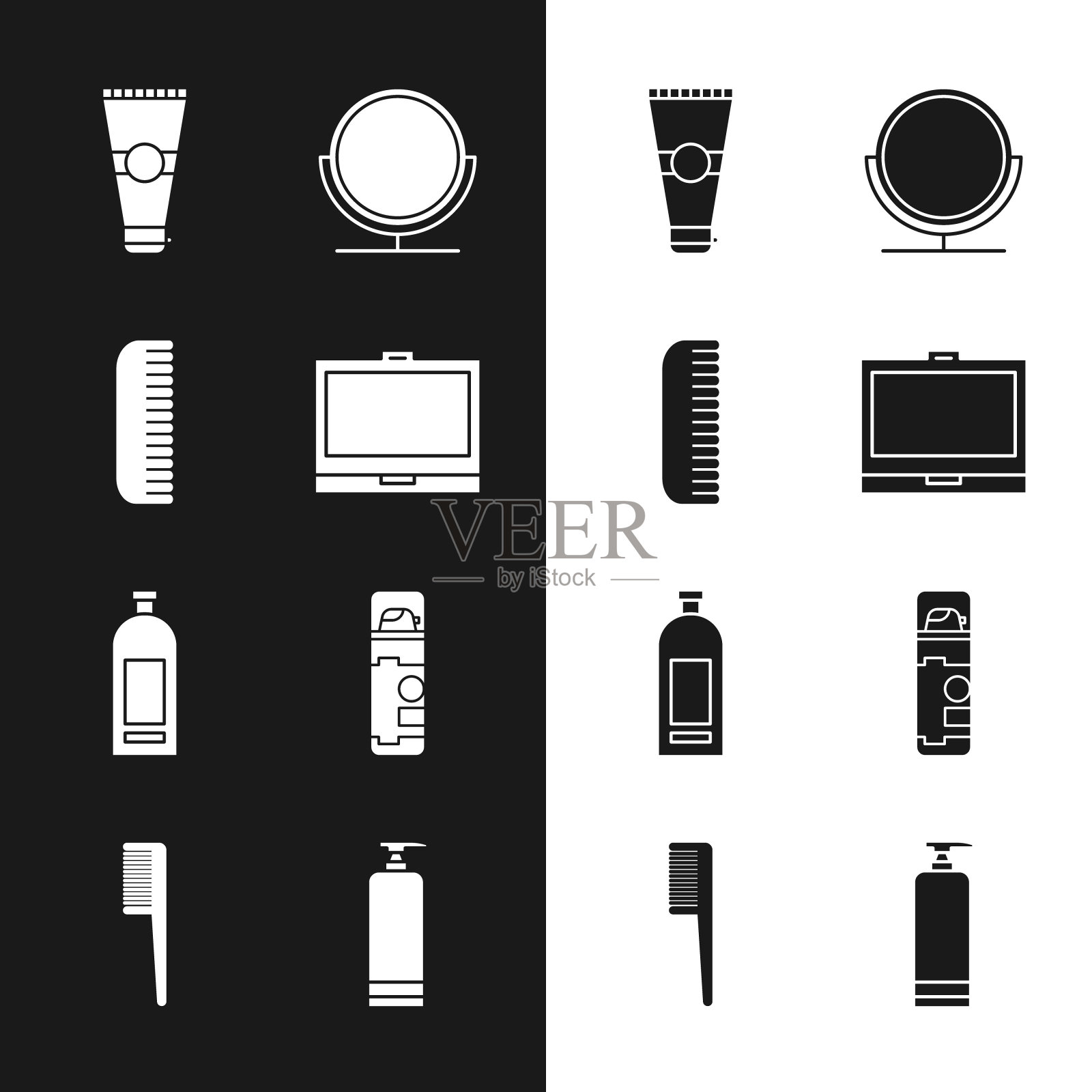 套装化妆粉镜，发刷，化妆水化妆管，圆妆，瓶装洗发水，剃须啫喱泡沫，面霜和图标。向量插画图片素材