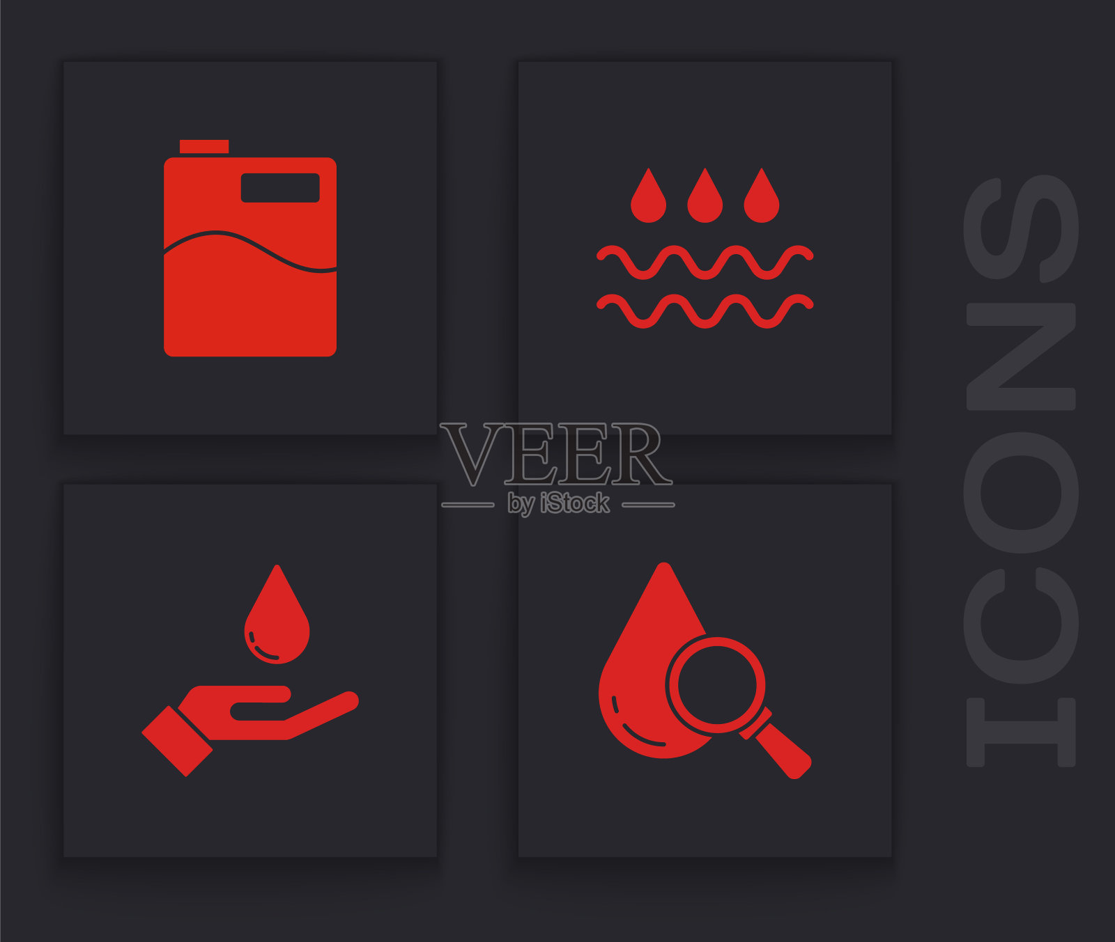 集滴和放大镜，大瓶与干净的水，波浪滴和洗手皂图标。向量图标素材