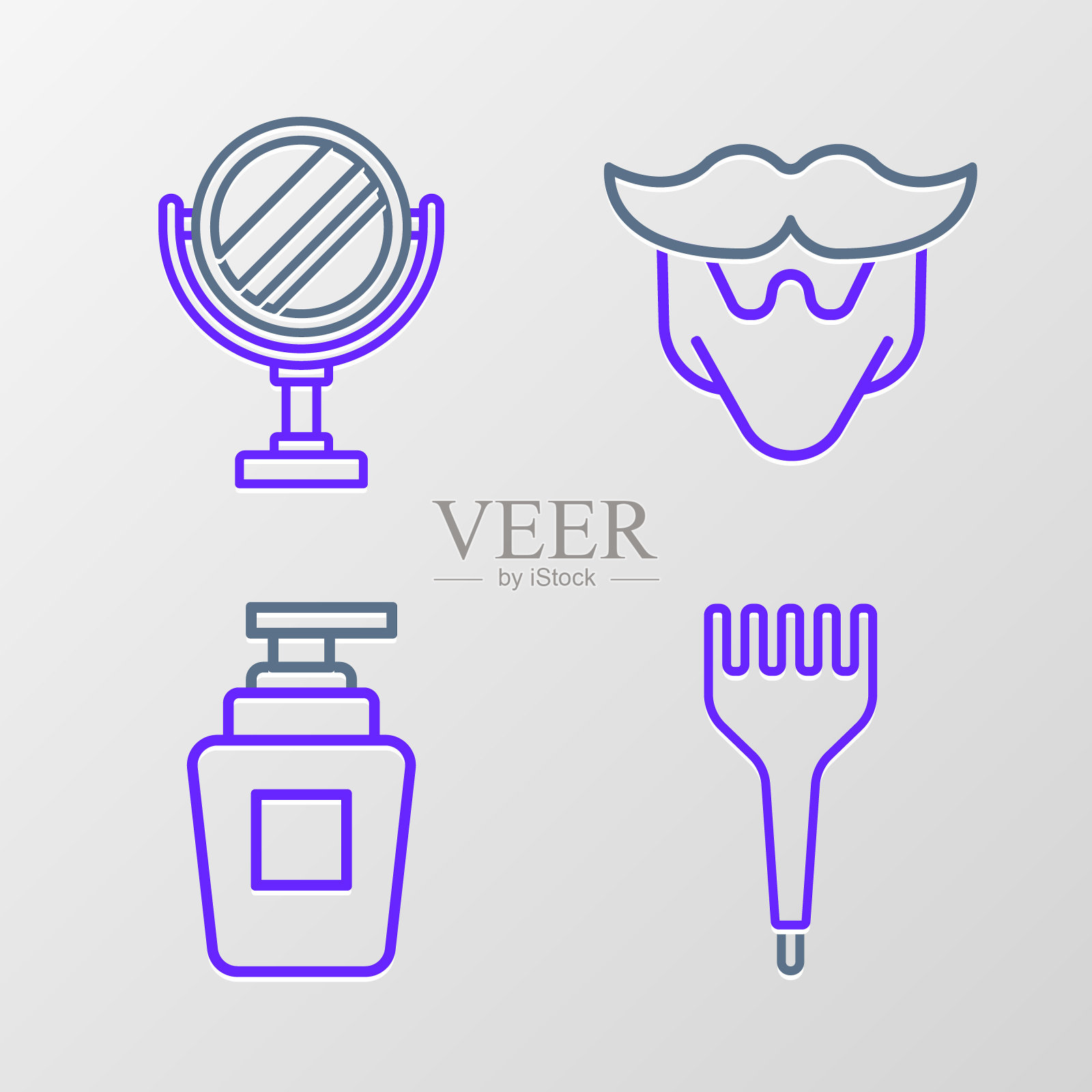 集线发刷，瓶洗发水，胡子和胡须和圆形化妆镜图标。向量图标素材