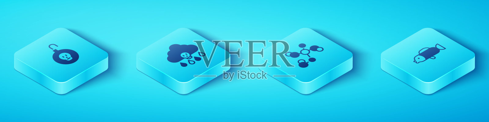 集等距核弹，酸雨，河豚鱼和化学公式图标。向量插画图片素材