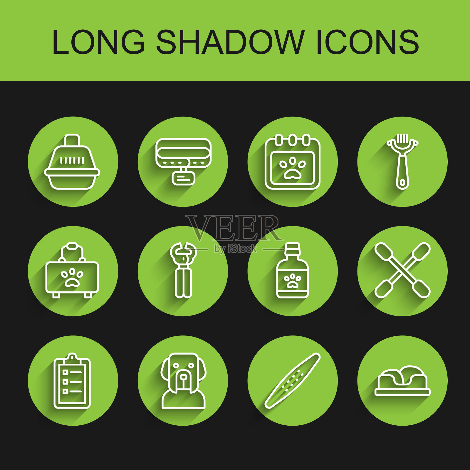 设线美容沙龙价格表，狗，宠物手提袋，指甲锉宠物，床，指甲钳，耳朵棉签和药瓶图标。向量插画图片素材