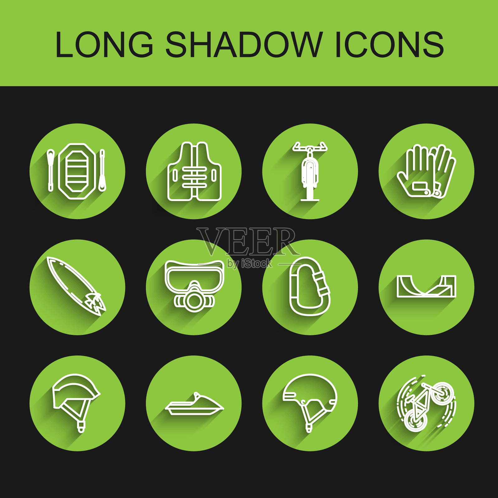 集线自行车头盔，水上摩托艇，漂流船，头盔，技巧，潜水面具，滑冰公园和锁扣图标。向量图标素材