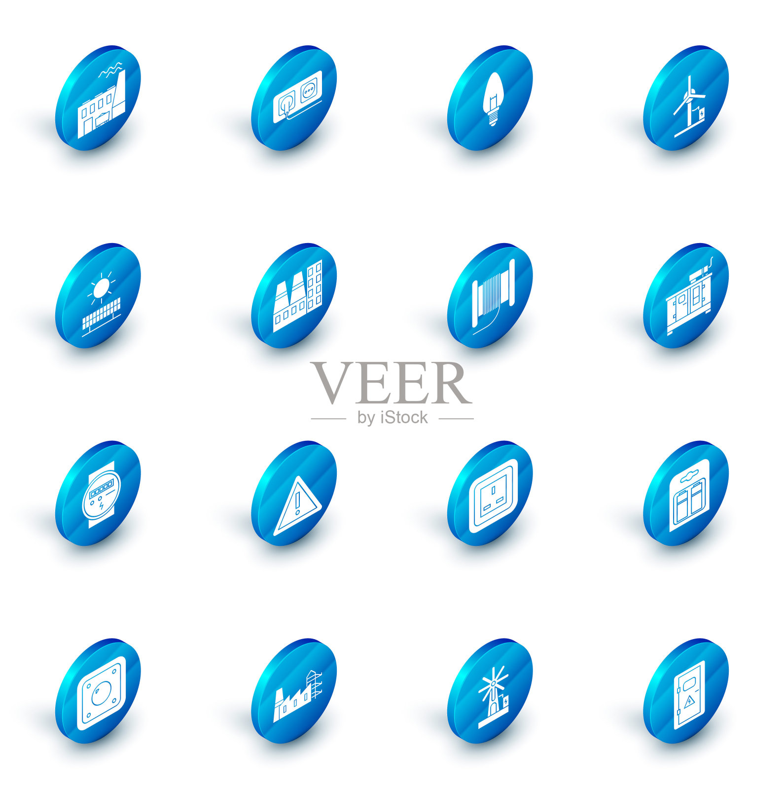 集电源插座，灯泡，风力涡轮机，太阳能电池板和太阳，电表，电站工厂工厂，柴油发电机和电线电缆卷筒图标。向量图标素材