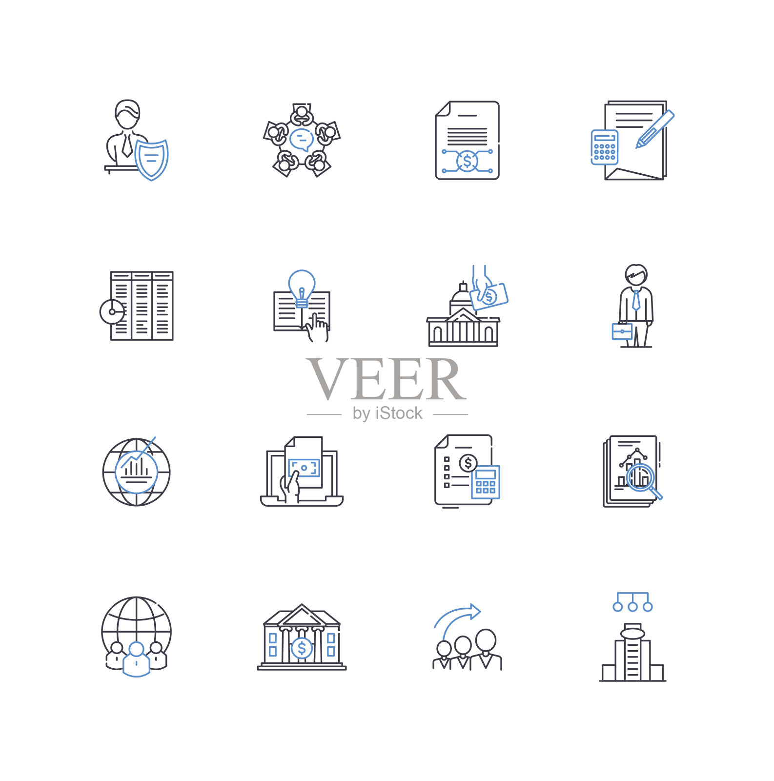 中央银行行图标集合。军事政策，利率，存款准备金率，通货膨胀，国内生产总值，货币，流动性向量和线性插图。经济、财政政策、银行业大纲标志设立图标素材