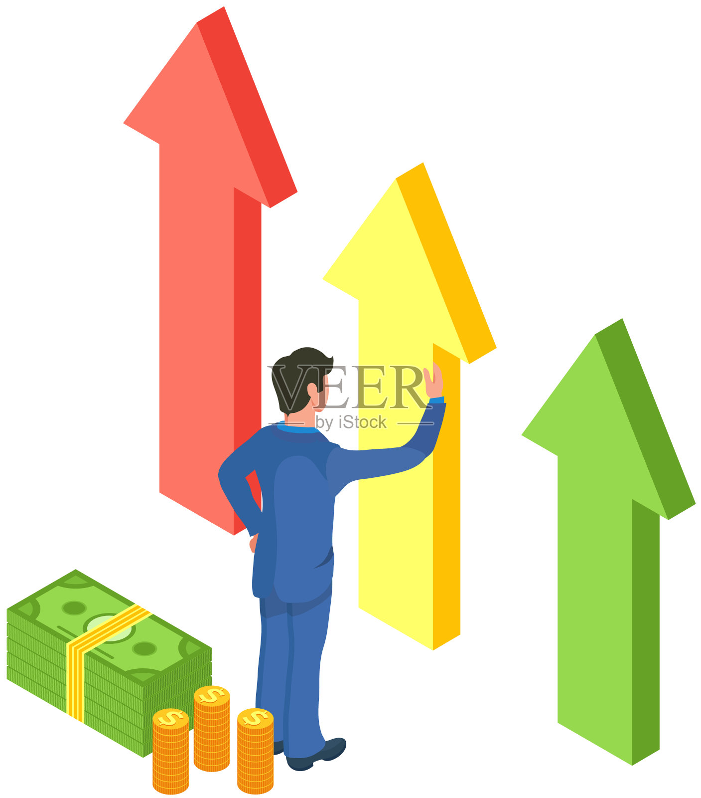 财务利润增长。商人、金融家站在箭前赚钱插画图片素材