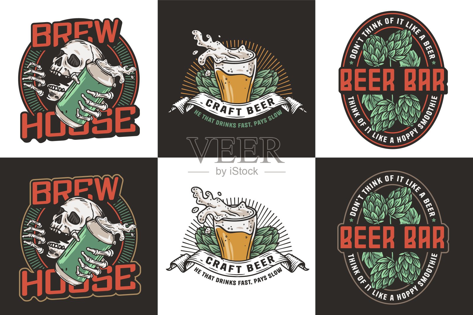 啤酒集酿造标志或精酿啤酒标志与啤酒帽，罐，啤酒花，骨架和瓶子。标签或打印头骨，啤酒玻璃和酒吧，酒吧或啤酒厂店插画图片素材