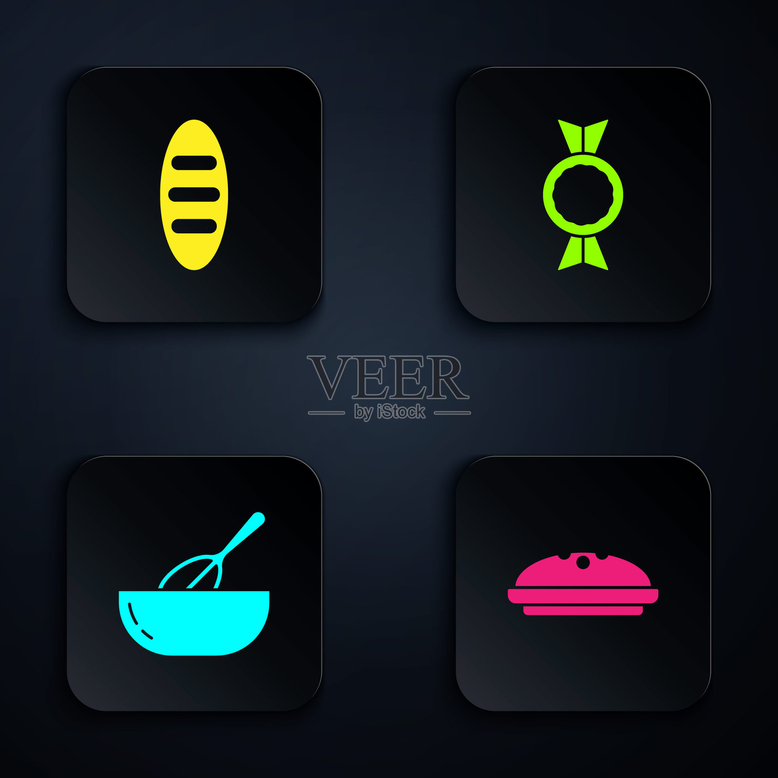 准备自制派，面包，厨房打蛋器，碗和糖果。黑色方形按钮。向量插画图片素材