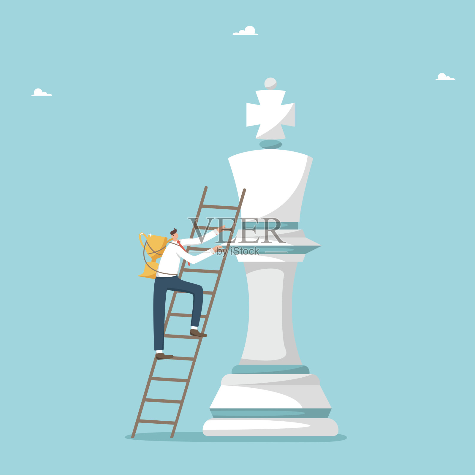 一个拿着高脚杯的人爬上楼梯走向棋子插画图片素材