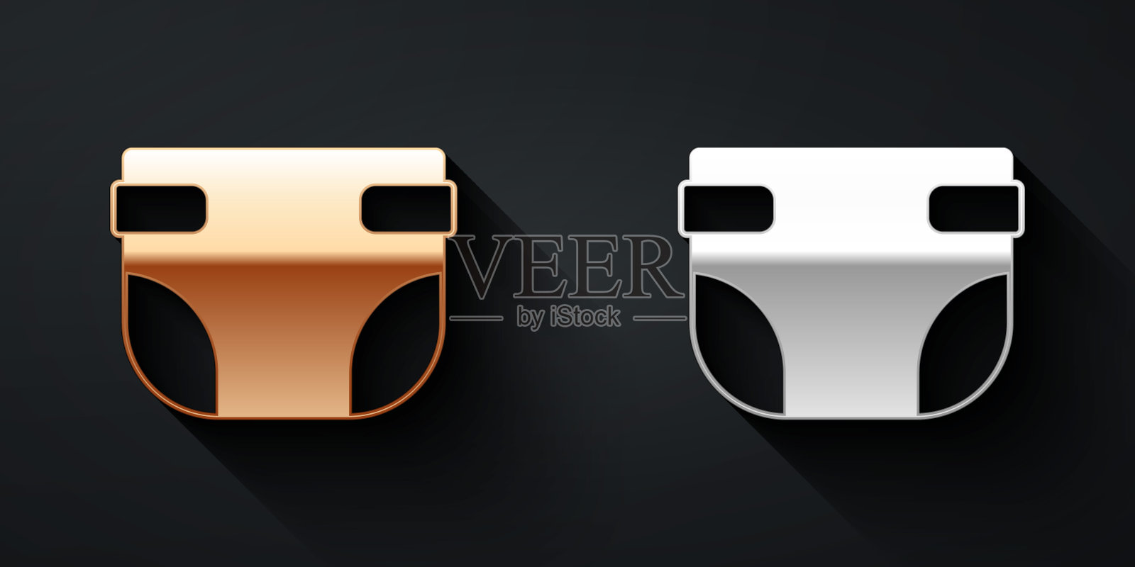 金色和银色婴儿吸湿尿布图标孤立的黑色背景。长影式。向量图标素材