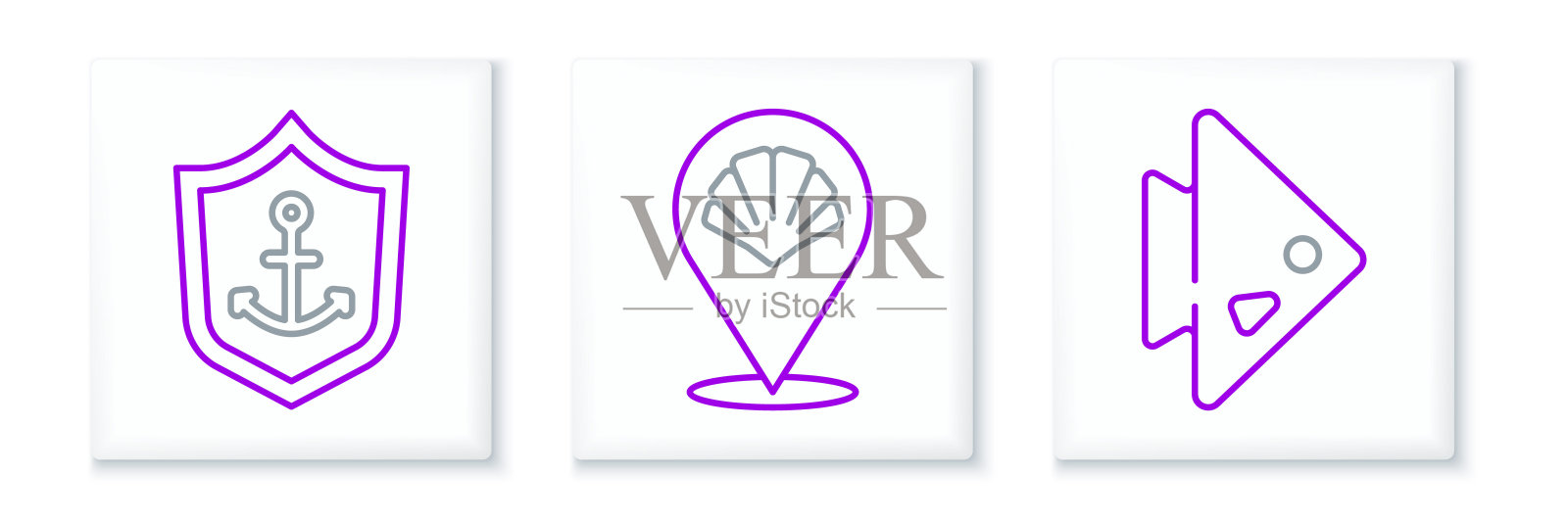 设置线鱼，锚内盾和扇贝海贝壳图标。向量图标素材